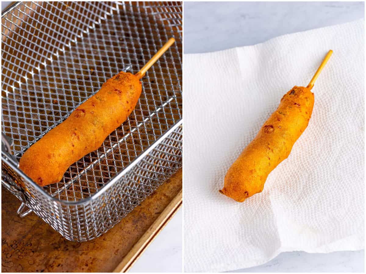collage of two photos: a fried Jalapeno Cheddar Corn Dog in a fryer basket; a fried Jalapeno Cheddar Corn Dog on a paper towel.