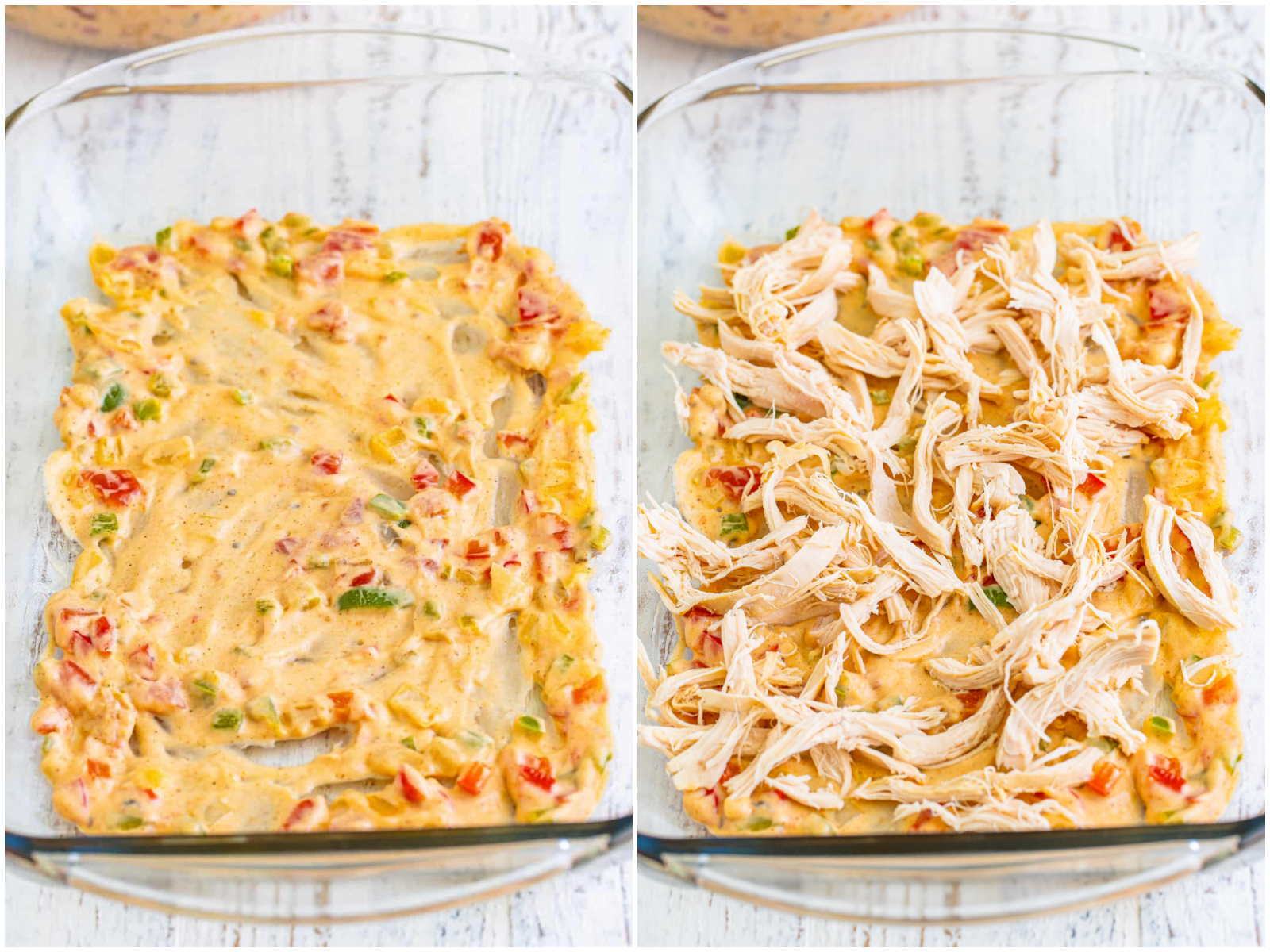 collage of two photos: cream sauce spread on bottom of casserole dish; shredded chicken layered on top of the sauce.