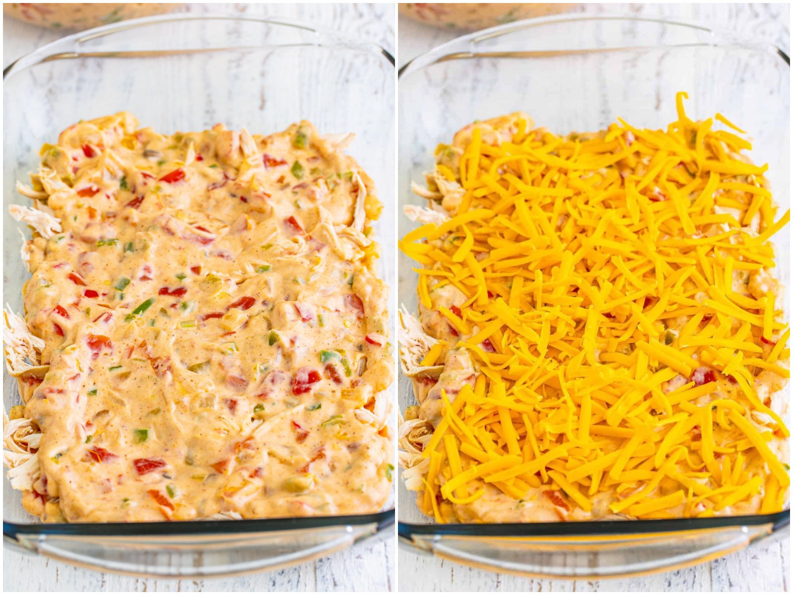 collage of two photos: more cream sauce spread on top of chicken layer; shredded cheese added on top of sauce.