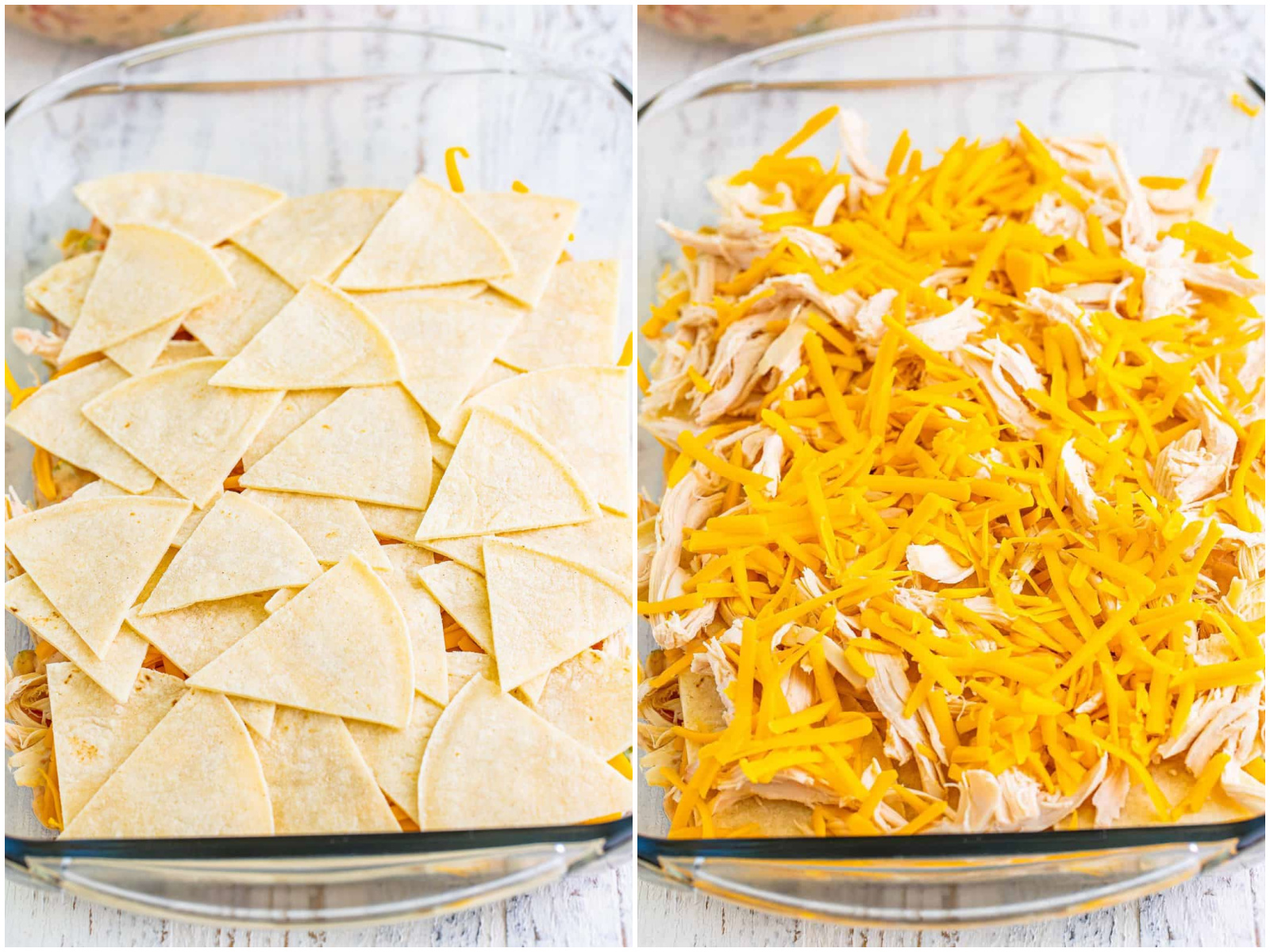 collage of two photos: cut corn tortillas put down in a layer on top of the cheese; another layer of shredded chicken and shredded cheese on top of corn tortillas. 