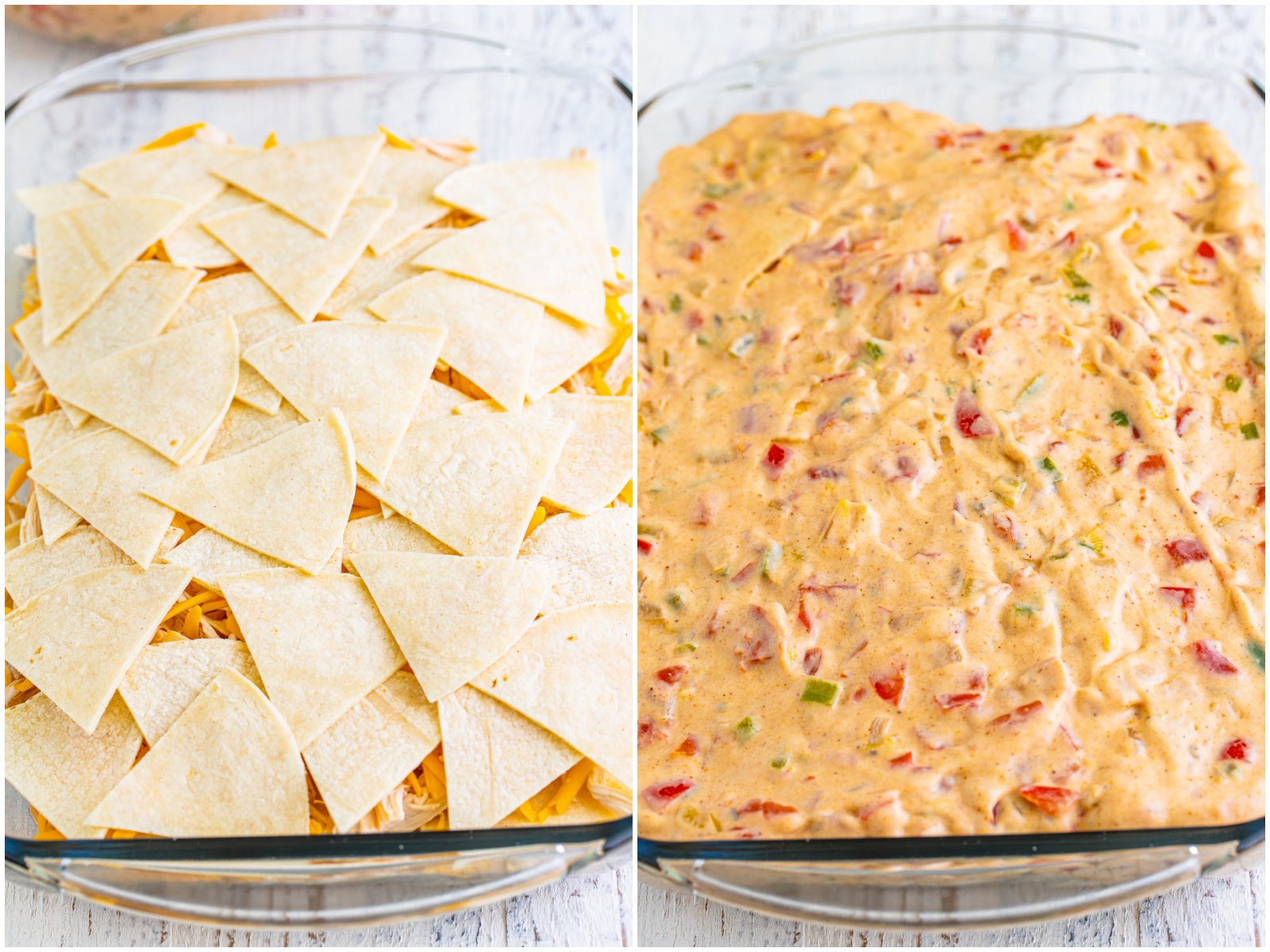 collage of two photos: final layer of cut corn tortillas placed in casserole dish; the last of the cream sauce spread on top of the tortillas. 