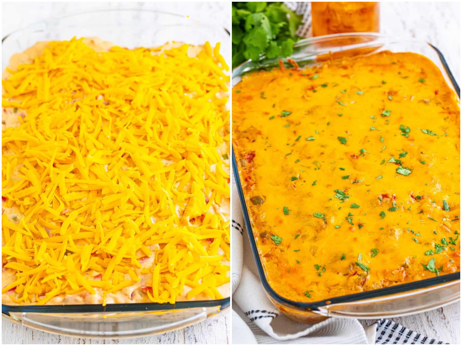 collage of two photos: shredded cheddar cheese on the top of the layered casserole; fully baked King Ranch Chicken Casserole with melted cheese.