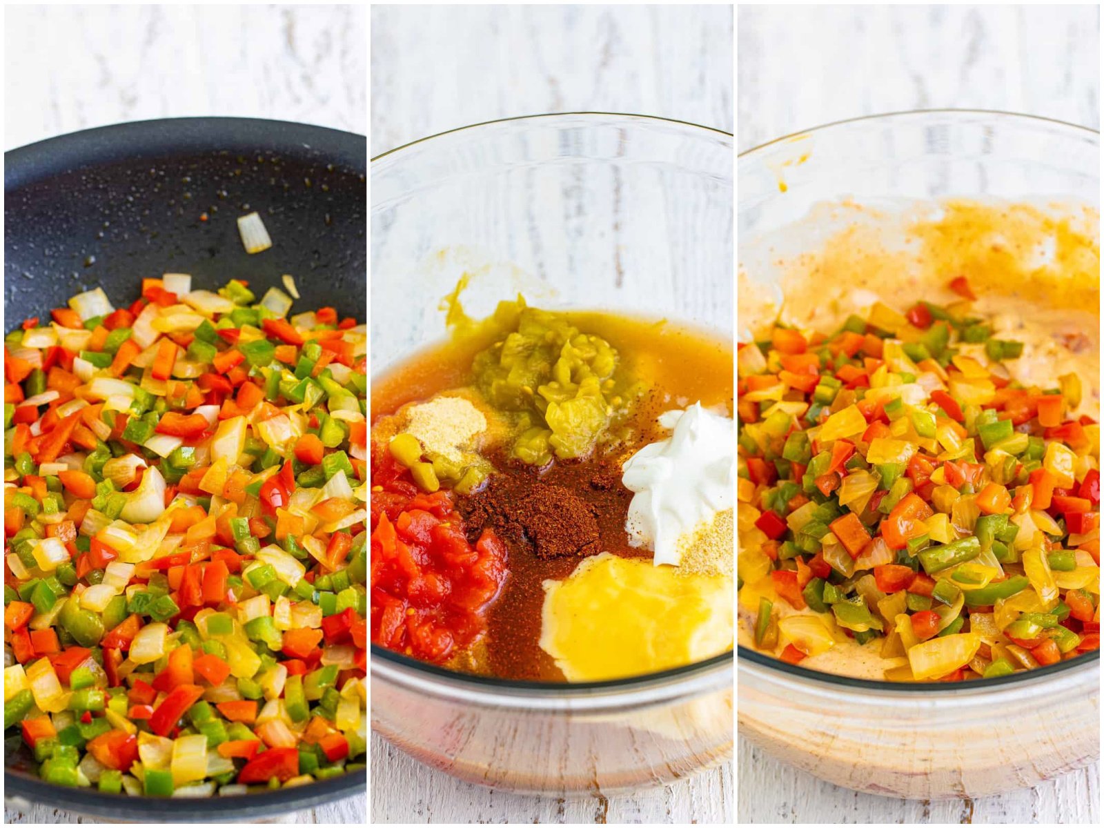 collage of three photos: diced vegetables cooking in butter in a skillet; Tex Mex cream sauce ingredients in a bowl; cooked diced veggies added to cream sauce in bowl. 