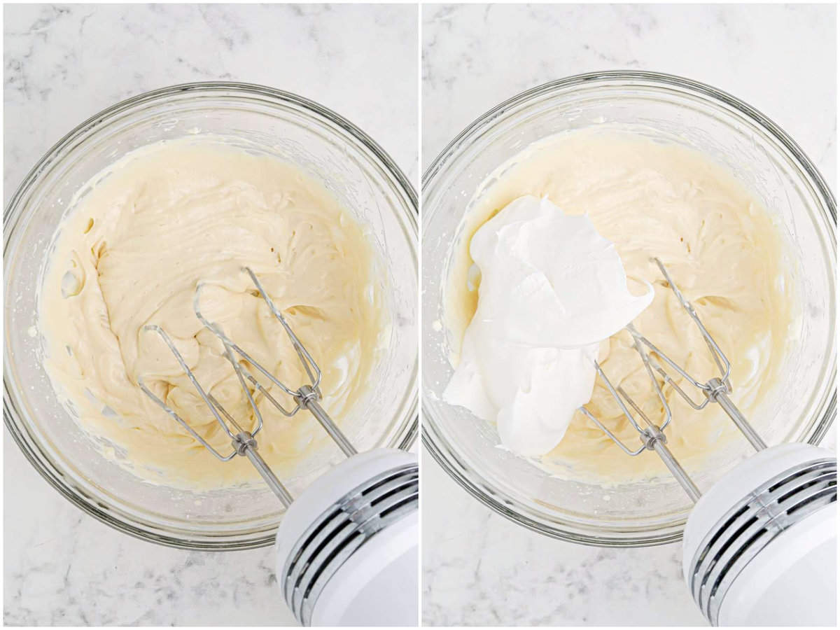 collage of two photos: a mixing bowl with softened cream cheese, powdered sugar, caramel sauce and vanilla extract; whipped topping added to mixing bowl.