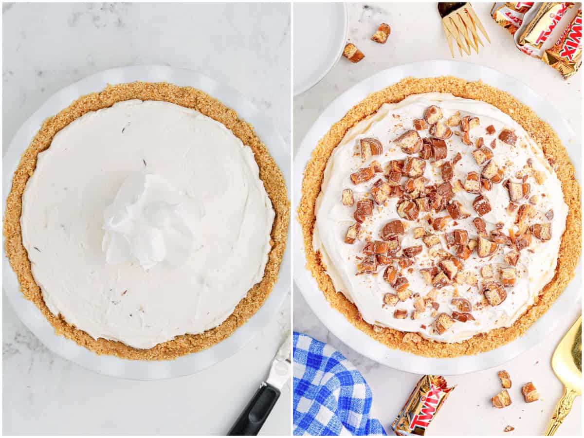 collage of two photos: whipped topping spread out over the pie filling; chopped Twix on top of pie. 