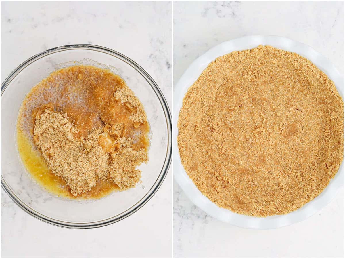 collage of two photos: Nilla cookie crumbs and melted butter in a mixing bowl; cookie crust in a pie pan.