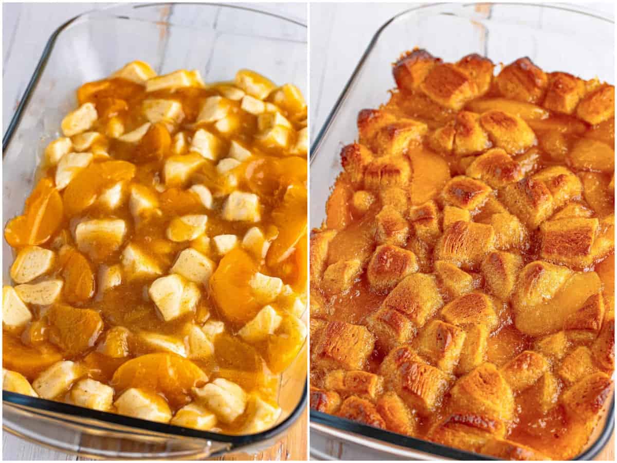 collage of two photos: peach pie bubble up filling added to the baking dish; fully baked bubble up. 