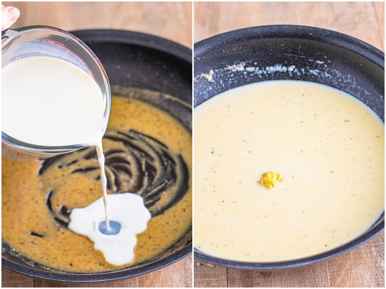 collage of two photos: milk being added to the skillet with flour, garlic powder, onion powder, pepper, salt, and melted butter; dollop of mustard added to cream mixture. 