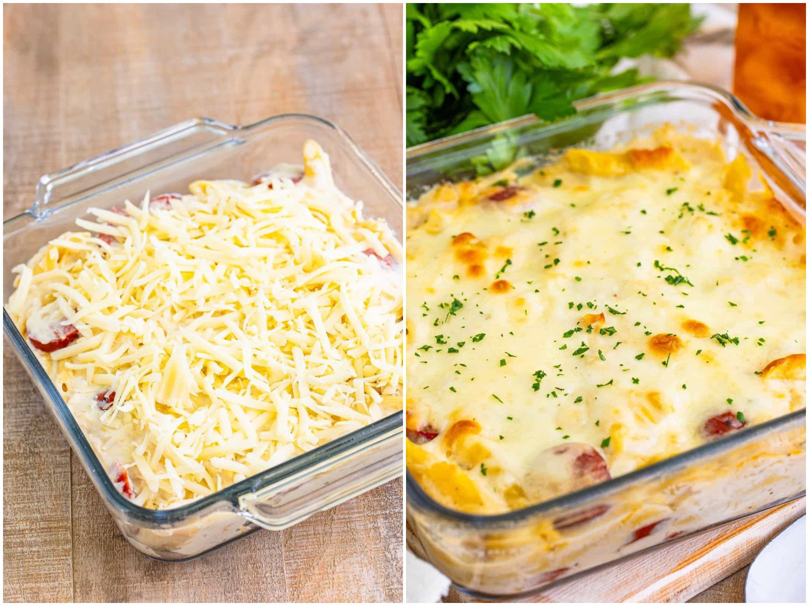 collage of two photos: shredded mozzarella cheese on top of casserole; fully baked polish casserole in a baking dish. 