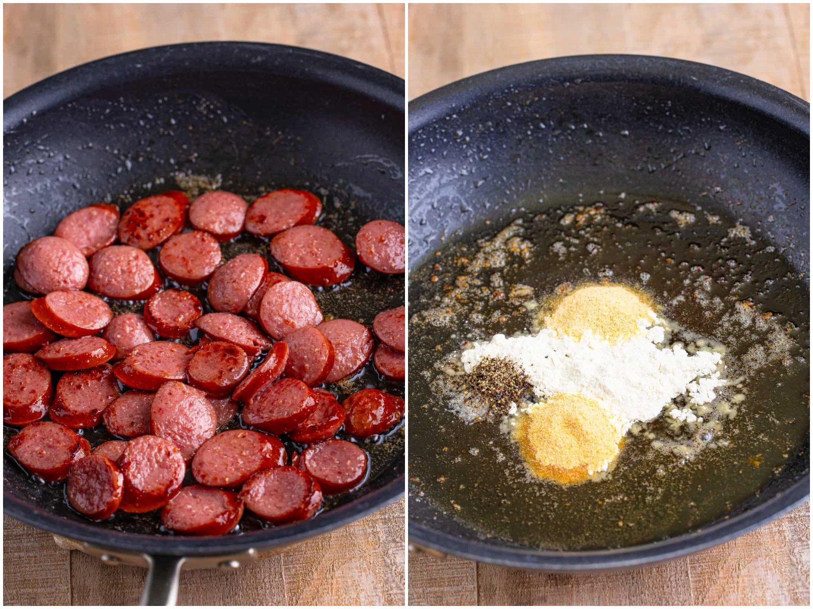 collage of two photos: sliced kielbasa cooking in a skillet; a skillet with melted butter, flour, garlic powder, onion powder, pepper, and salt.