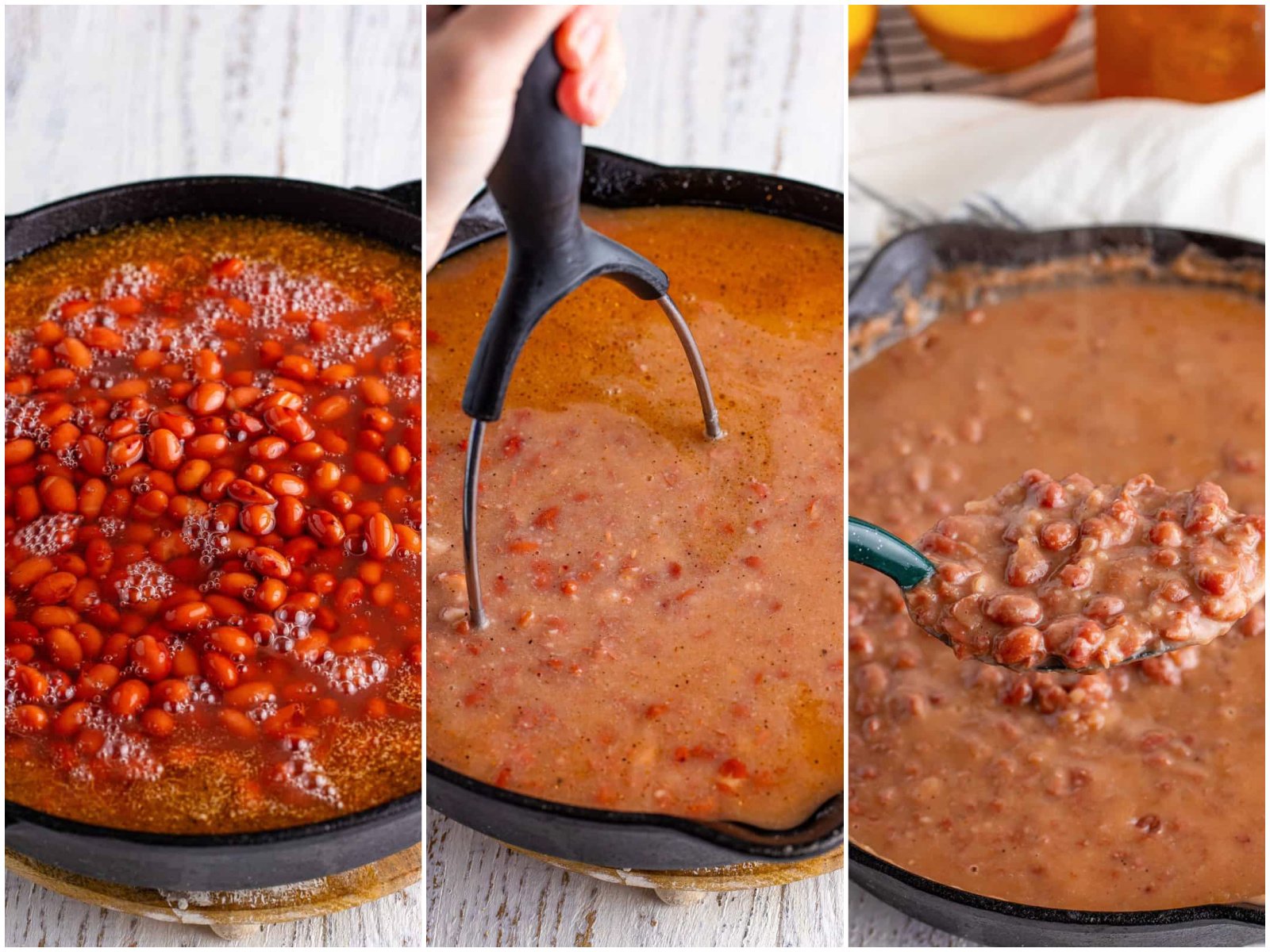 collage of three photos: red beans and water added to cast iron skillet; a potato masher shown mashing some of the beans; a large spoon holding up some of the cooked beans. 