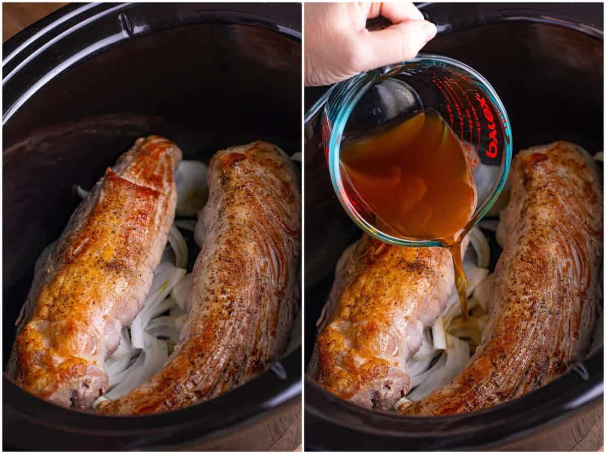 collage of two photos: seared pork loins on top of sliced onions in slow cooker; pouring beef broth over the pork loins. 