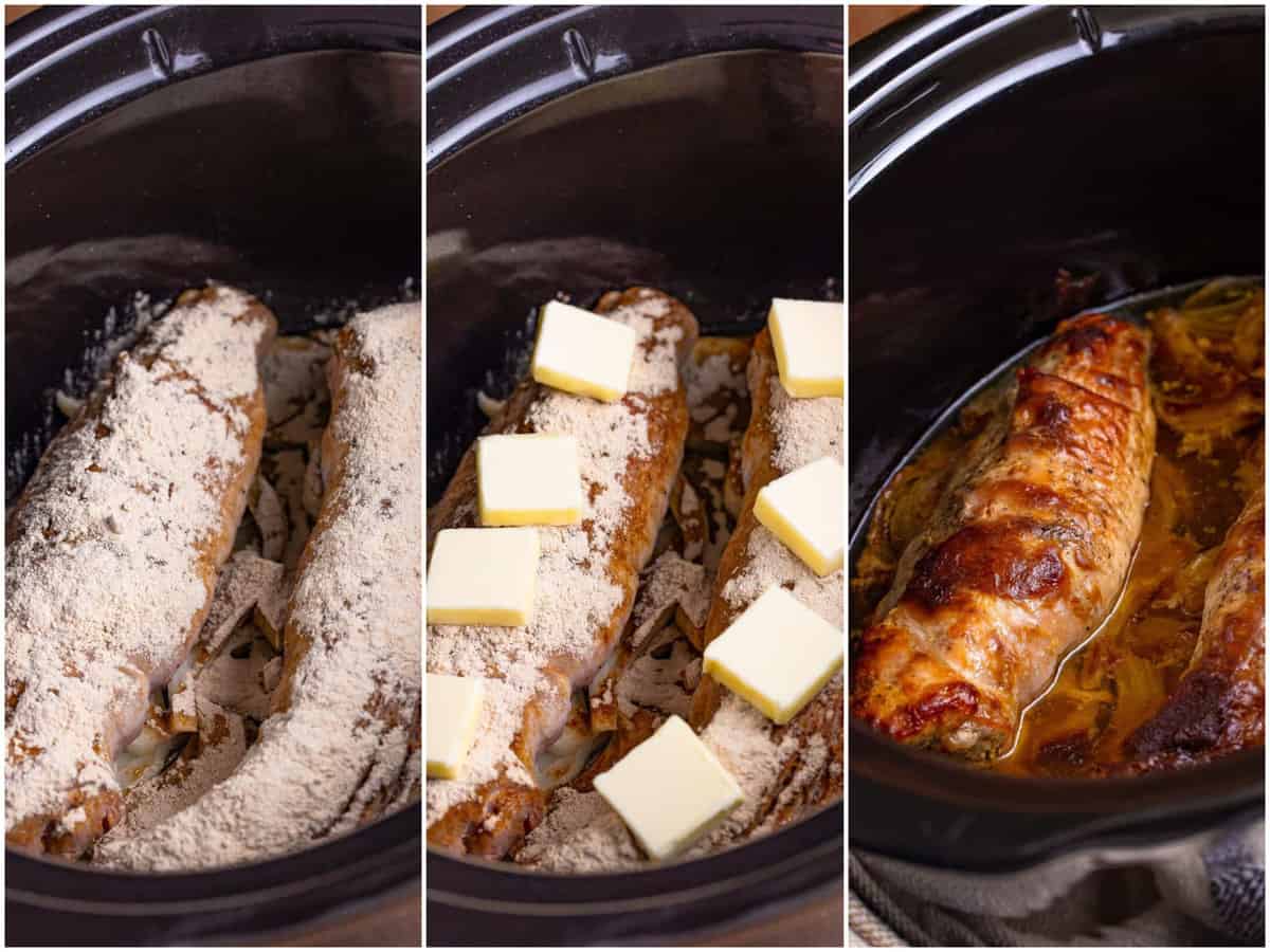 collage of three photos: sprinkled pork gravy on top of tenderloins; pats of butter evenly spread across tenderloins; fully cooked pork tenderloins show in slow cooker.