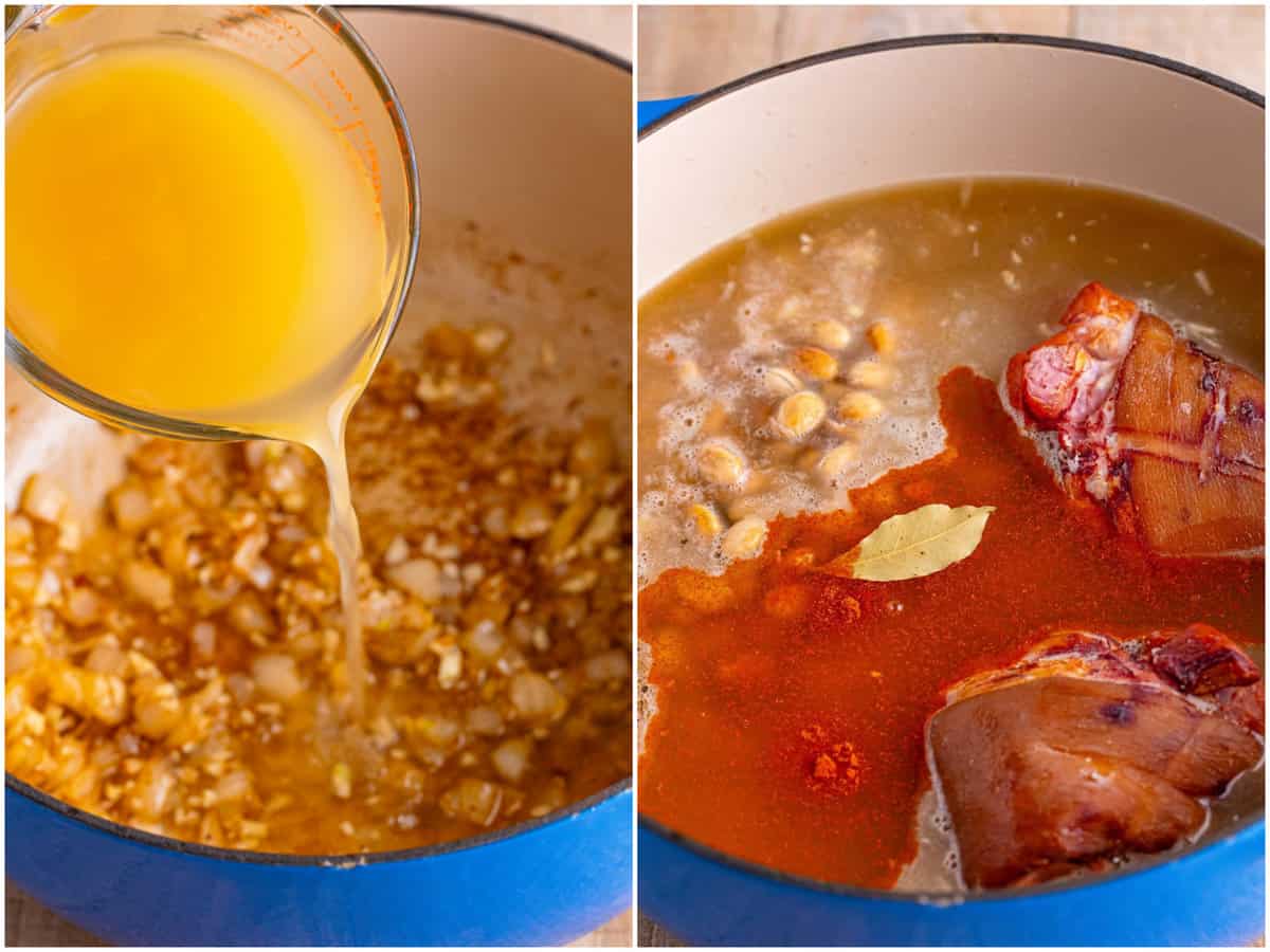 collage of two photos: during chicken stock into dutch oven; adding in ham hocks, bay leaf and paprika into the dutch oven pot. 