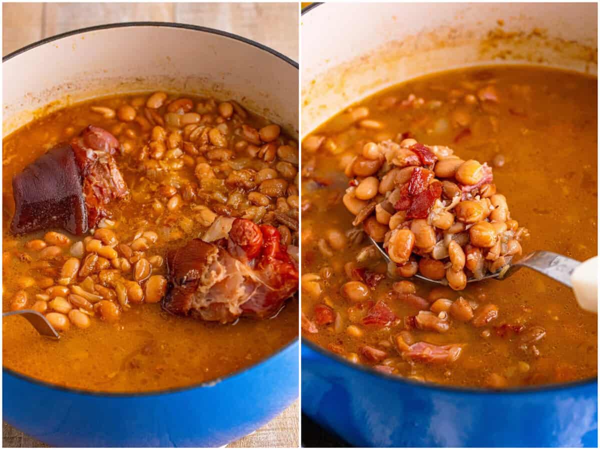 collage of two photos: soup beans after they have simmered for a couple of hours in the pot; a spoon scooping up some of the beans out of the pot. 