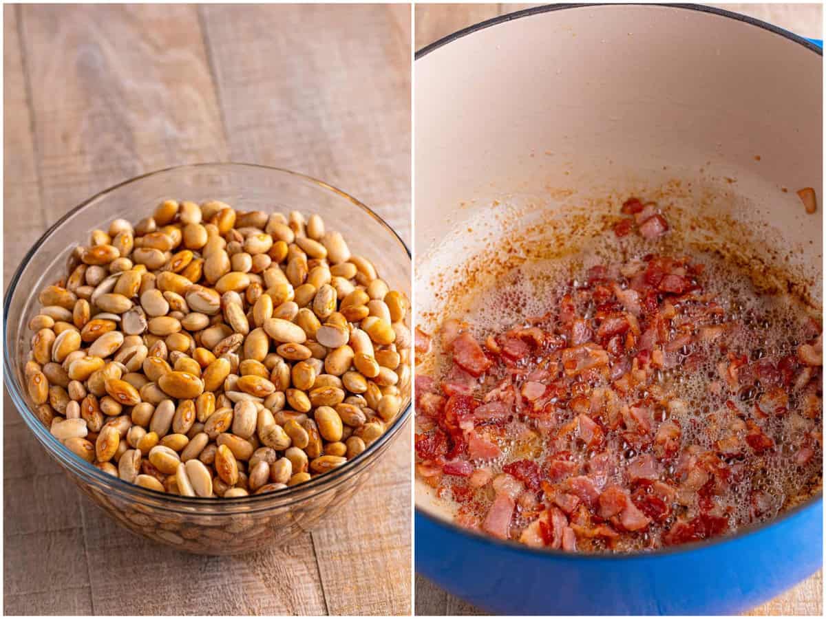 collage of two photos: pinto beans after soaking in water; bacon pieces cooking in a dutch oven. 