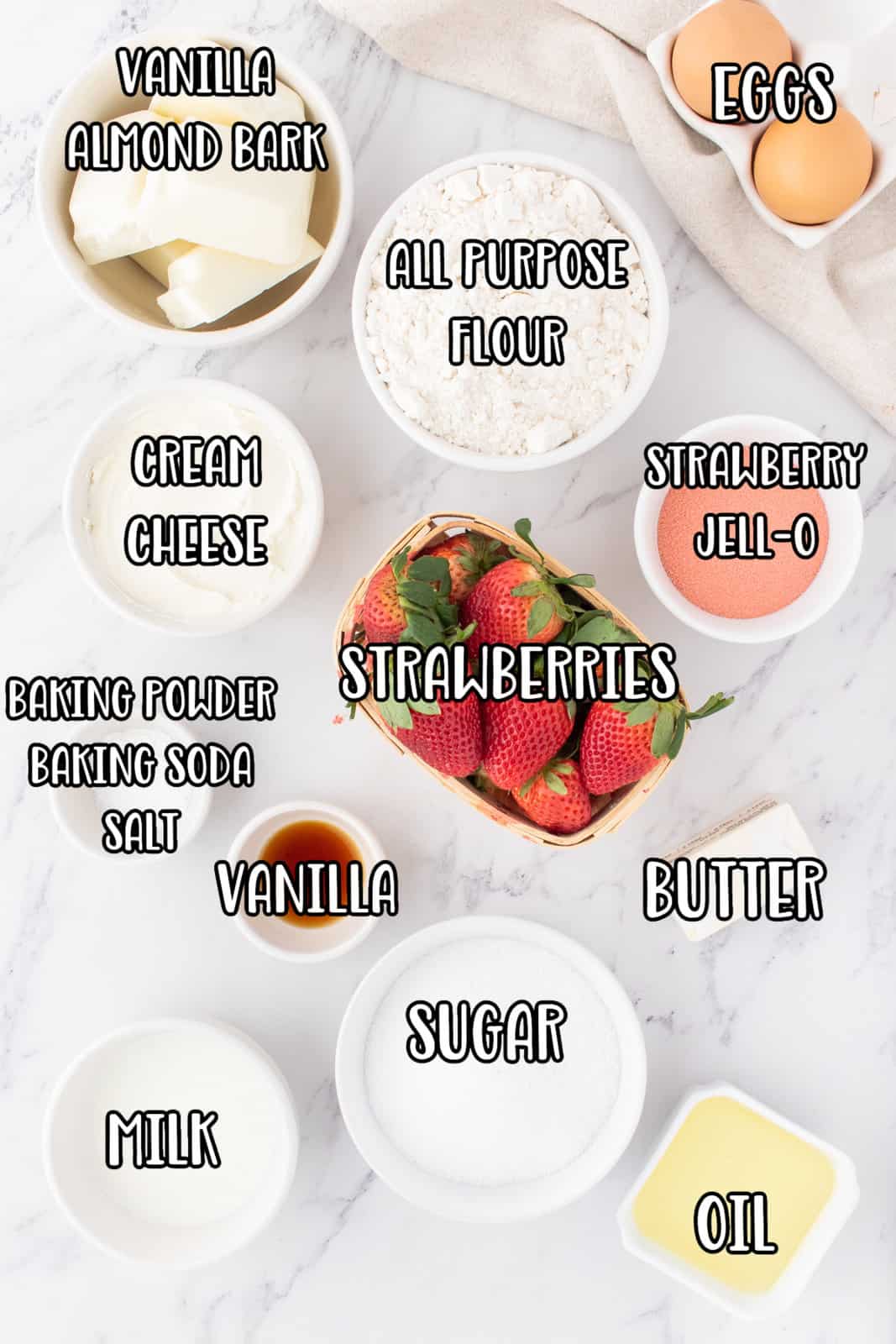 Almond bark, strawberries, Strawberry Jell-O powder, cream cheese, sugar, eggs, oil, flour, baking powder, salt, vanilla, butter, and milk.