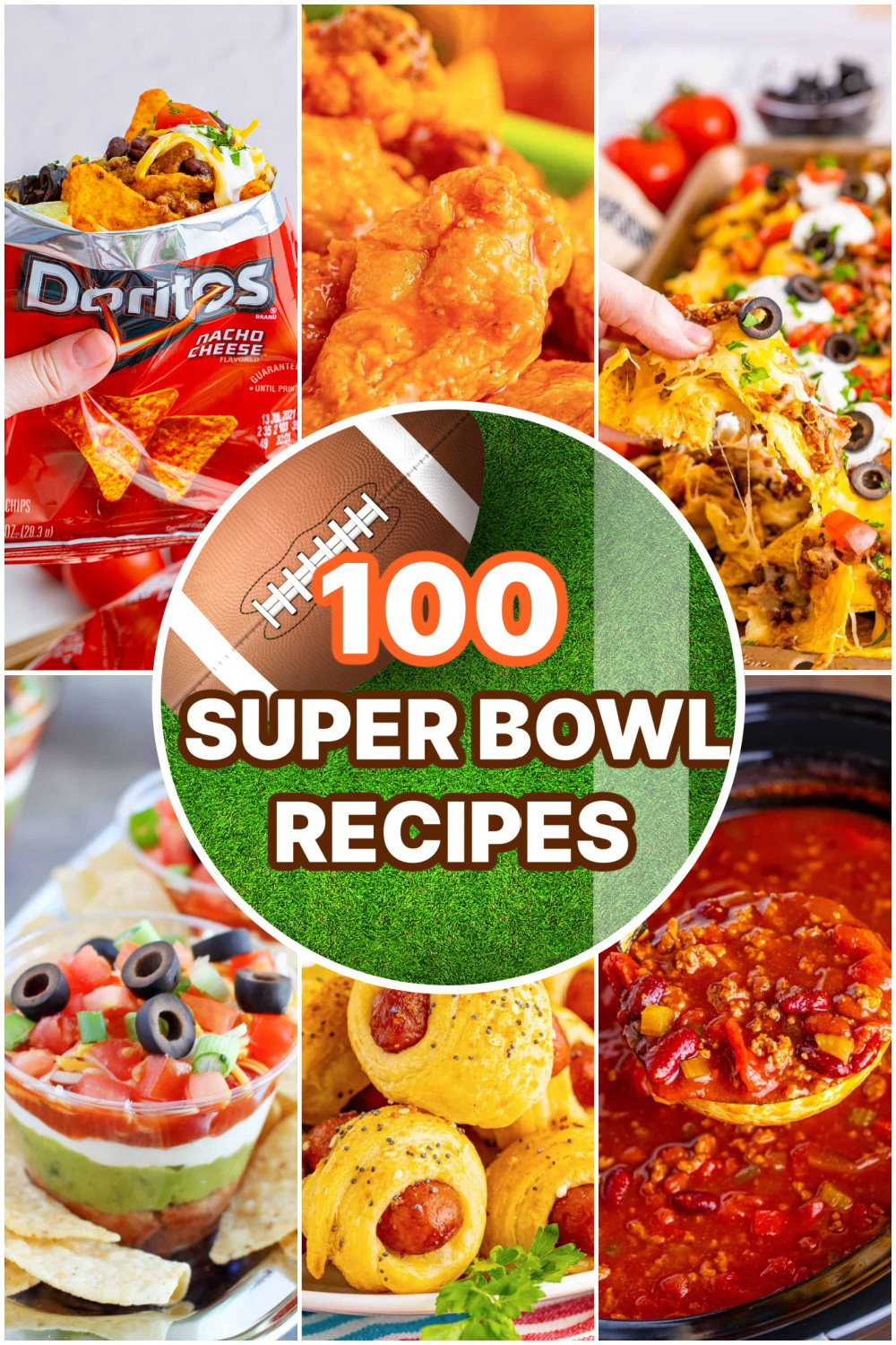 collage of 6 food photos with text in the middle that says "100 Super Bowl Recipes."