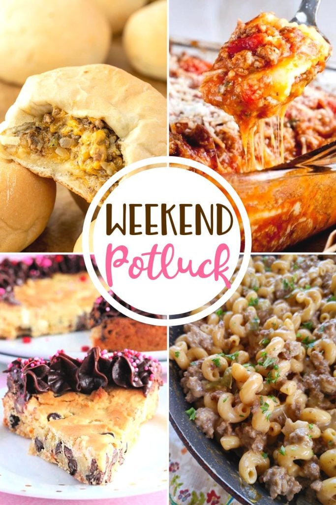 Weekend Potluck featured recipes include: Bierocks with Cheese, Chocolate Chip Cookie Cake, Baked Ravioli Casserole and The Best Philly Cheesesteak Pasta.