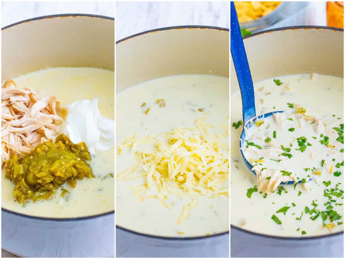 collage of three photos: Shredded chicken, sour cream, and diced chiles added to a soup soup; shredded cheese added to soup; ladle scooping up soup out of pot. 