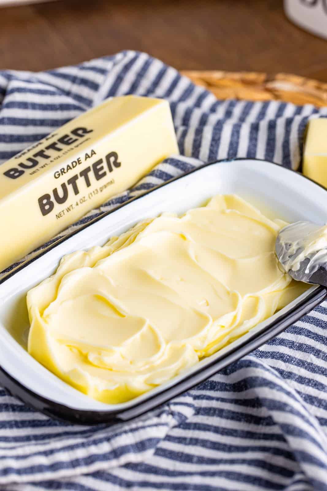 Smoothed out butter in a dish.