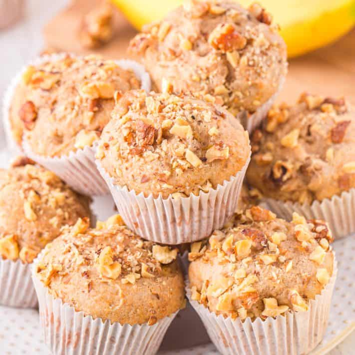 A small pile of Banana Nut Muffins made with cake mix .