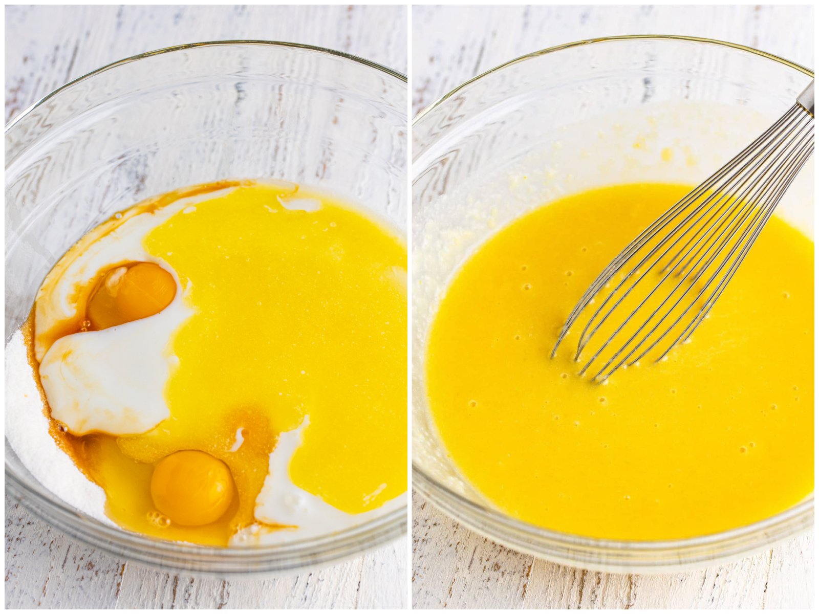 collage of two photos: eggs, buttermilk and vanilla added to a bowl; a whisk mixing all the ingredients together. 
