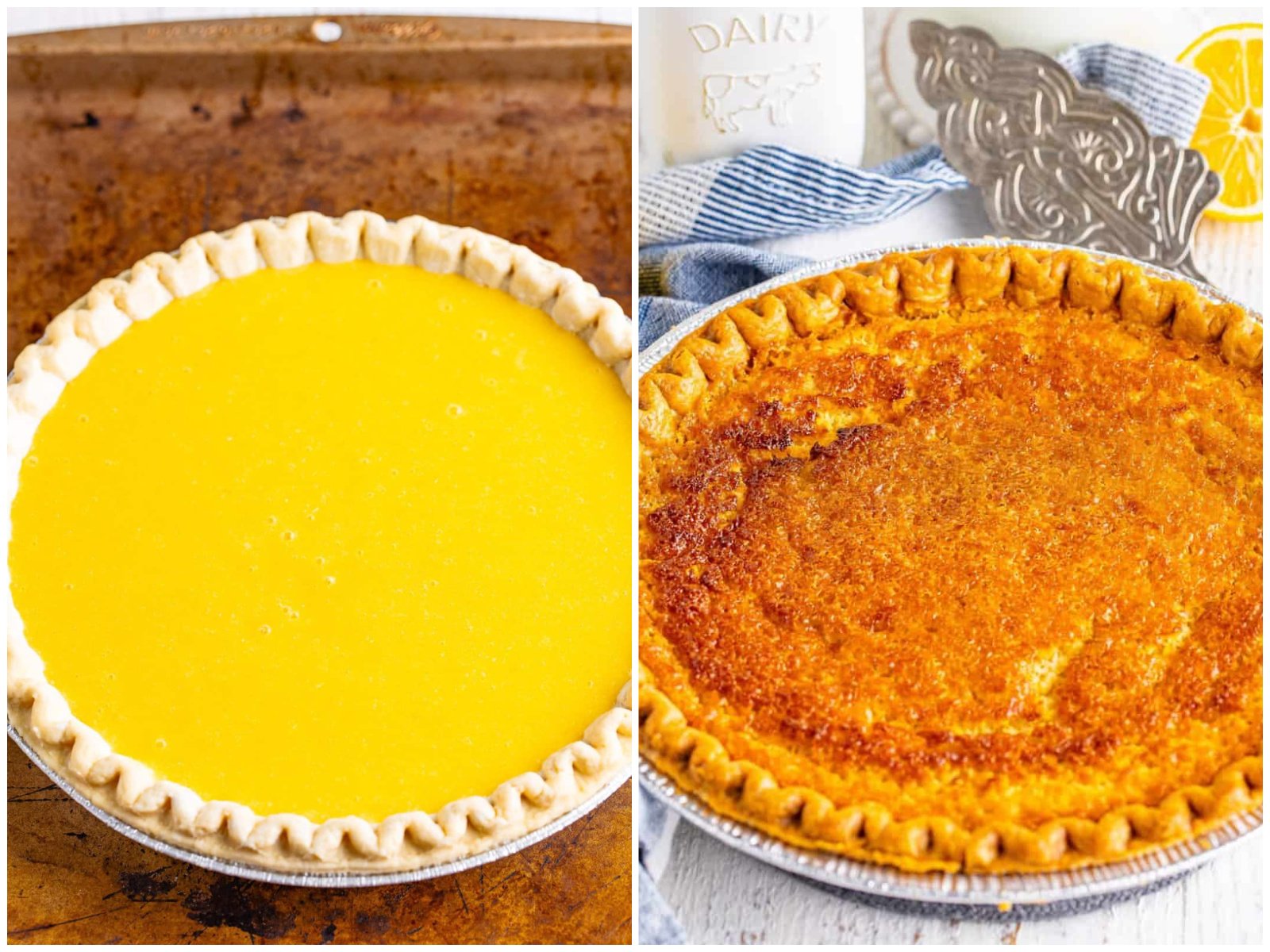 collage of two photos: buttermilk pie batter puree into a pie crust; fully baked buttermilk pie. 