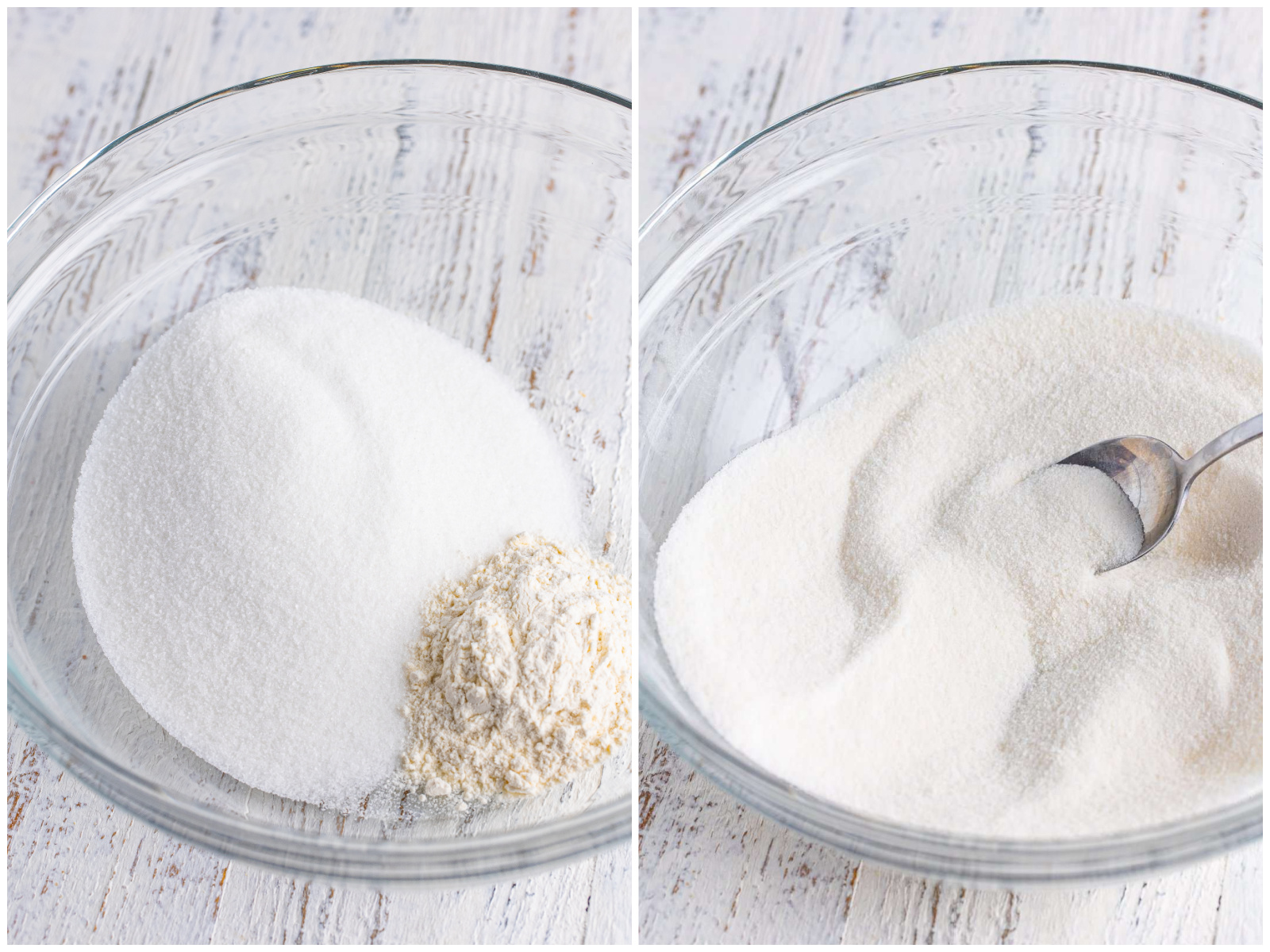 collage of two photos: sugar and flour showing in a bowl; sugar and flour shown mixed together with a spoon. 