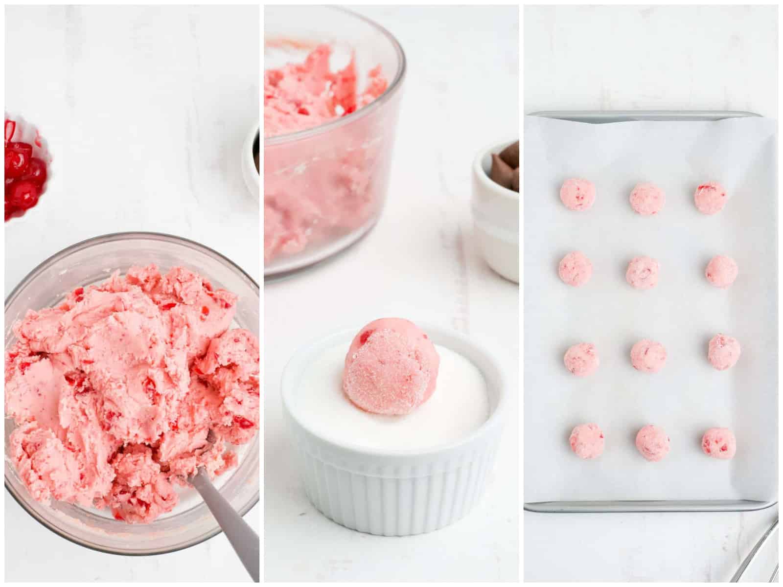 collage of three photos: pink cookie dough in a bowl; rolling a cookie dough ball in sugar; uncooked cookie dough balls on a parchment covered baking sheet. 