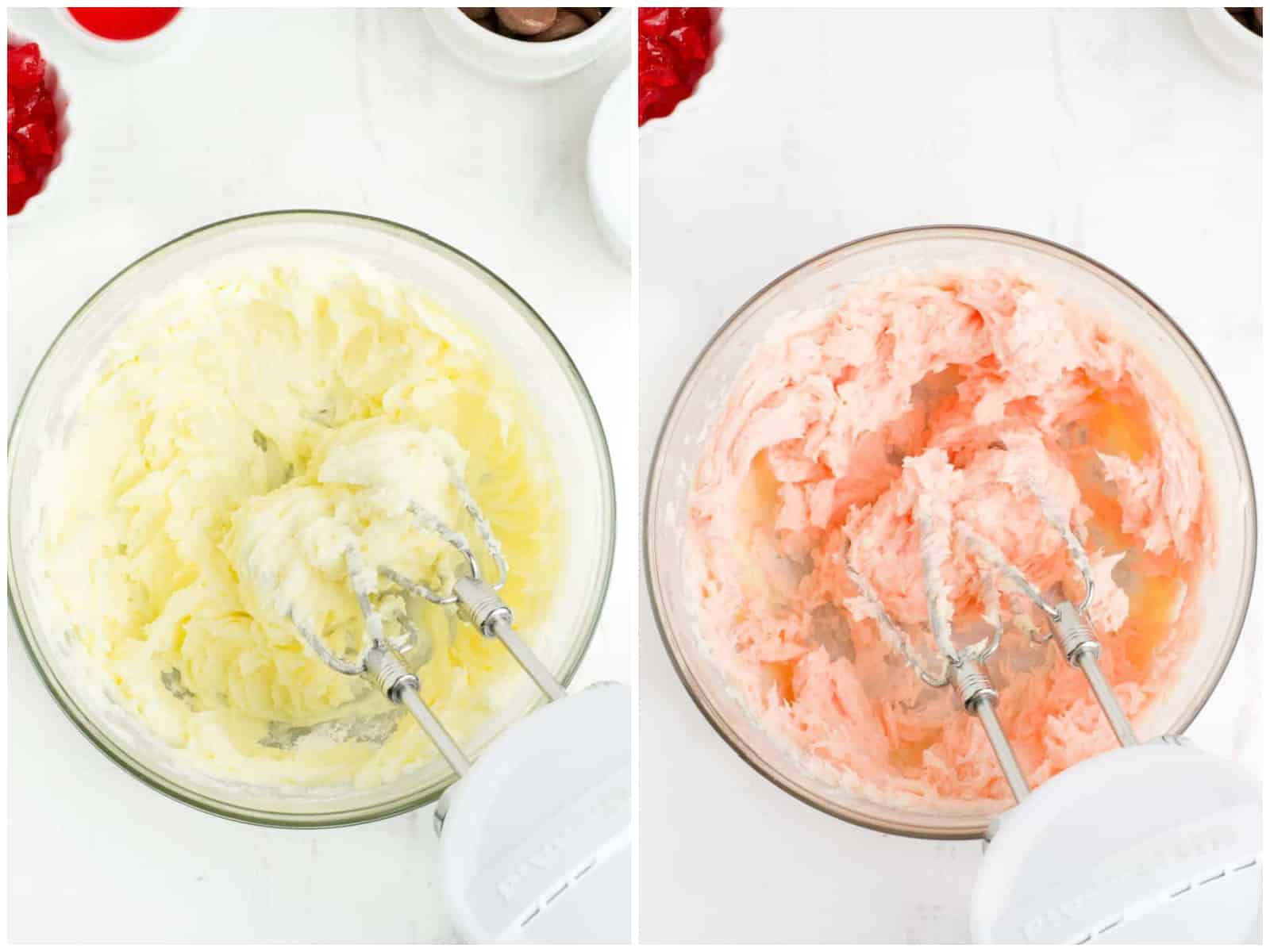 collage of two photos: butter and powdered sugar in a glass mixing bowl; butter, sugar, cherry juice and extract in a mixing bowl.