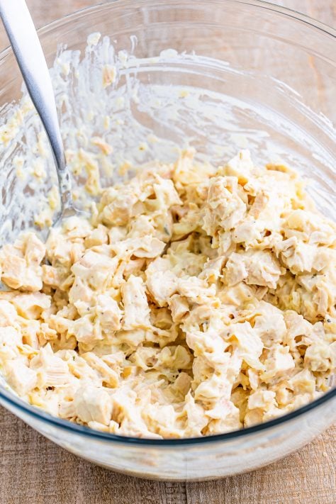 A creamy chicken in a mixing bowl.