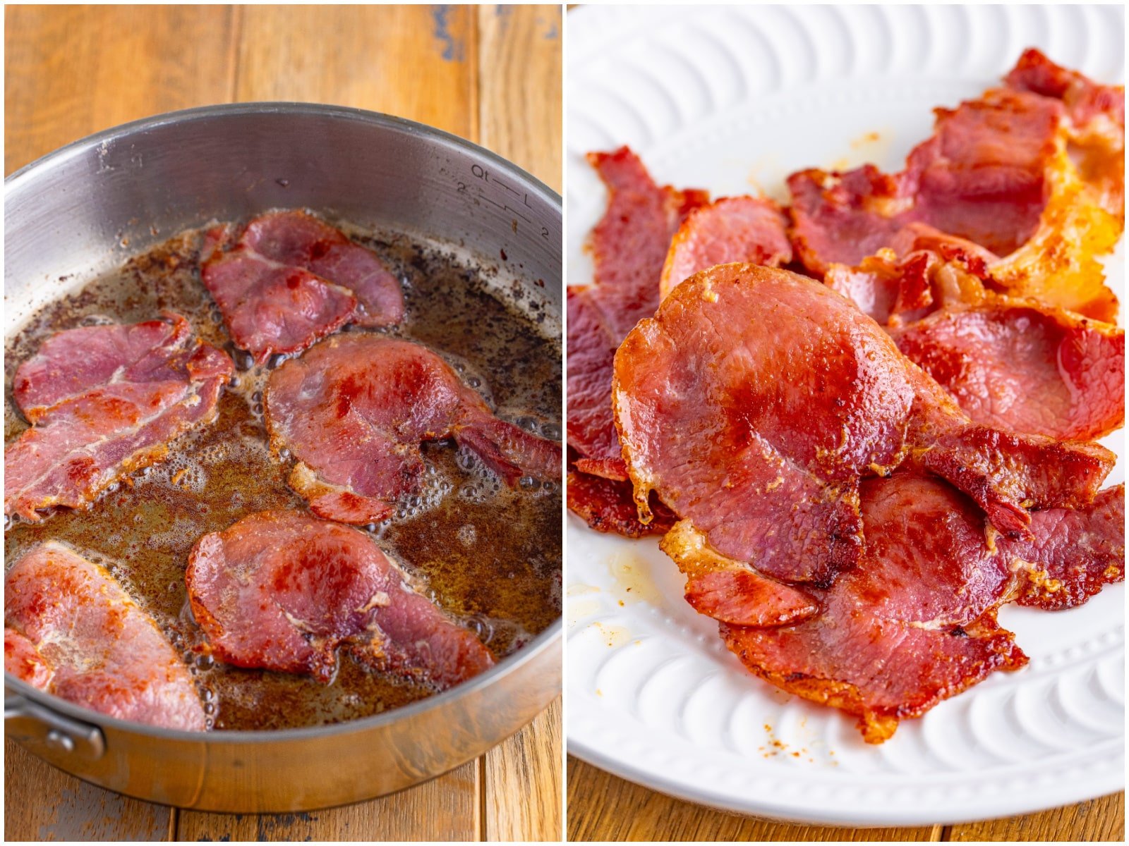 collage of two photos: ham cooking in melted butter in a pan; fried ham slices on a plate. 