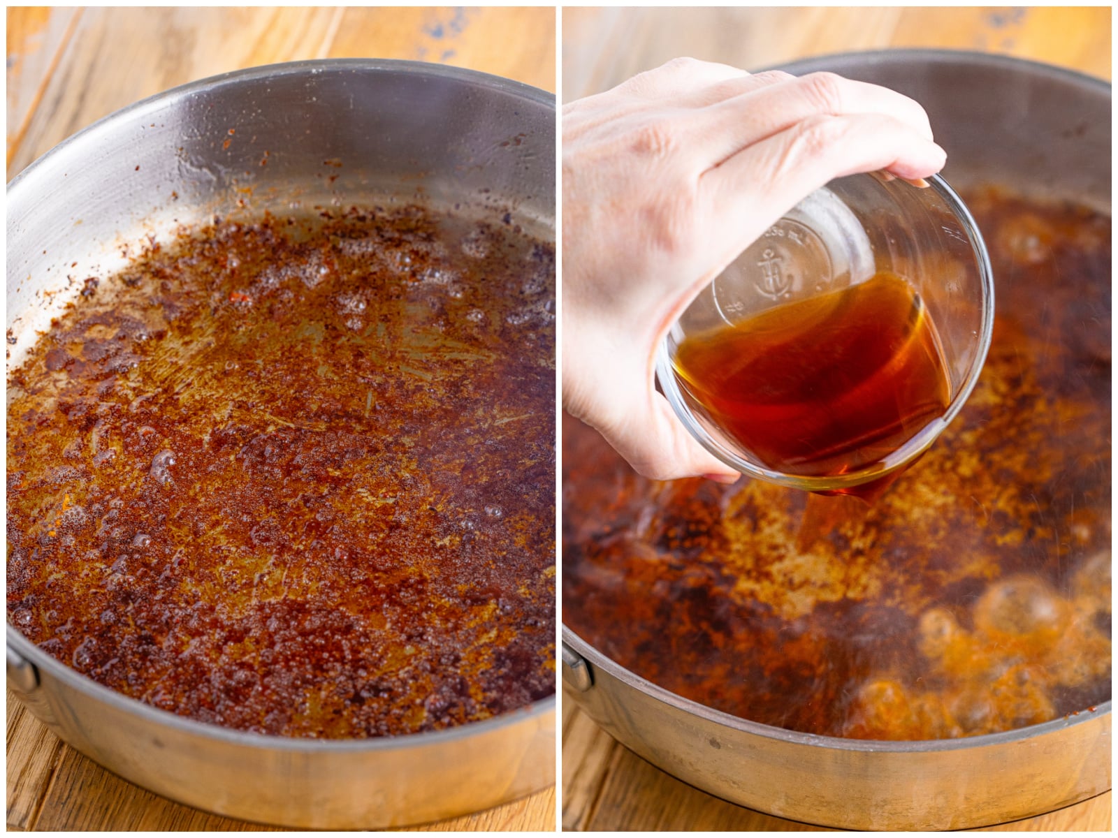 collage of two photos: melted butter with leftover country ham bits in a pan; pouring coffee into pan. 
