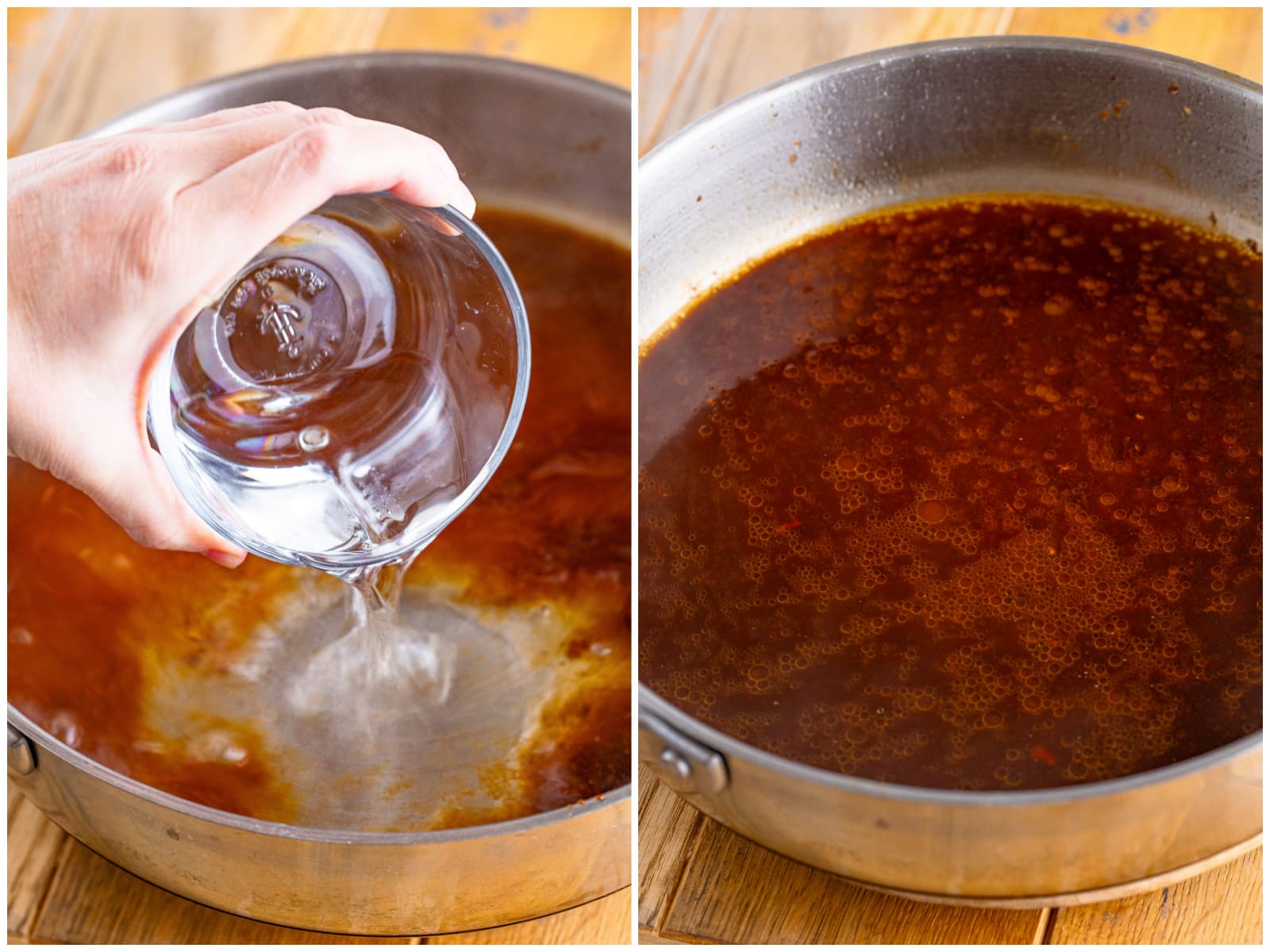 collage of two photos: adding water to pan with coffee; gravy mixture slightly cooked and reduced.