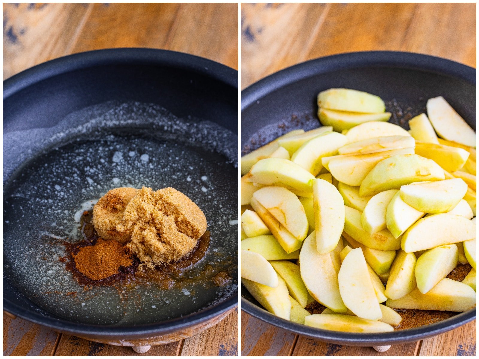 collage of two photos: butter, brown sugar, cinnamon and nutmeg in a skillet; sliced green apples added to skillet. 