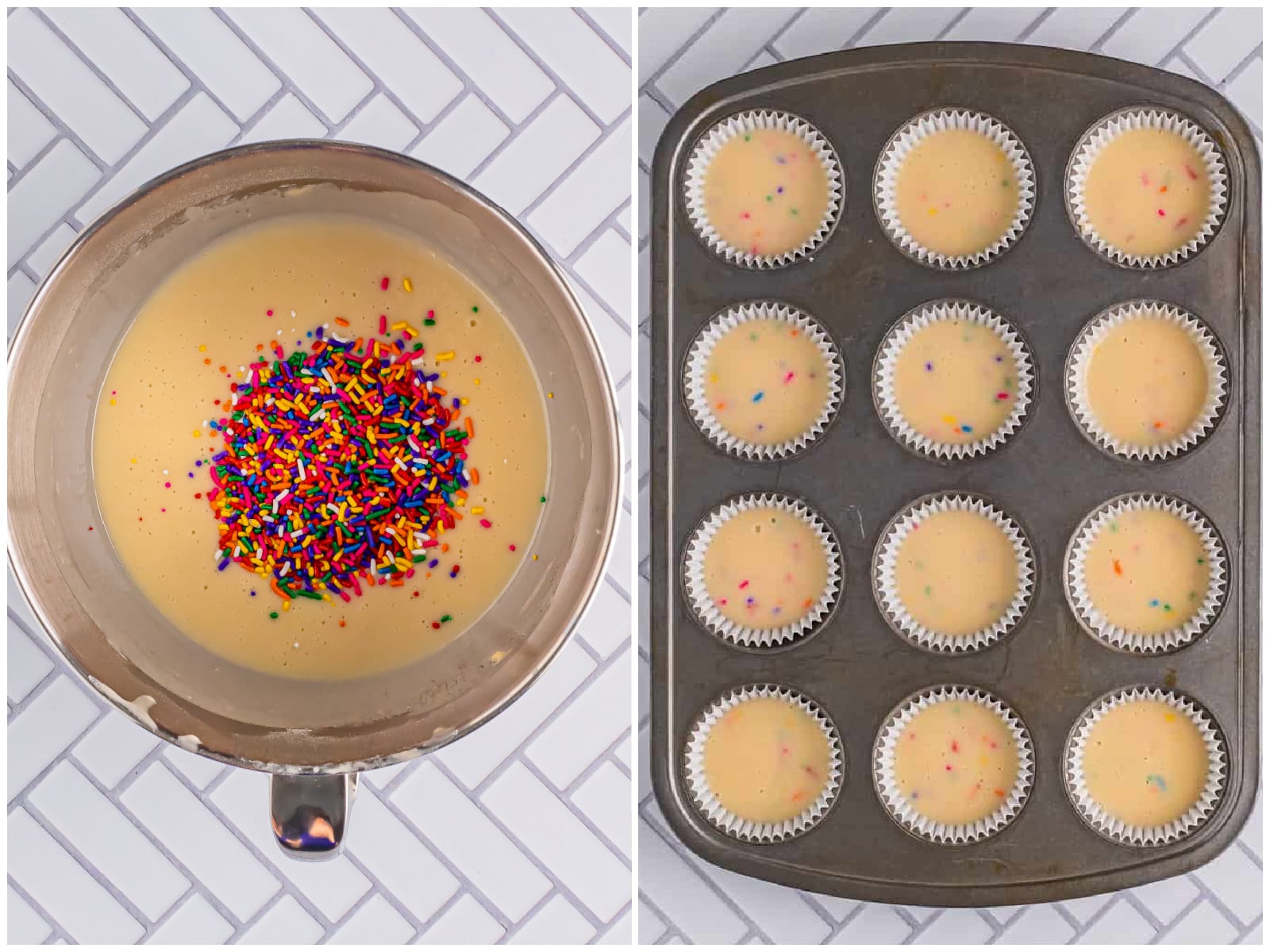 college of two photos: milk, oil and sprinkles added to cupcake batter; cupcake batter put into cupcake liners in a muffin tin. 
