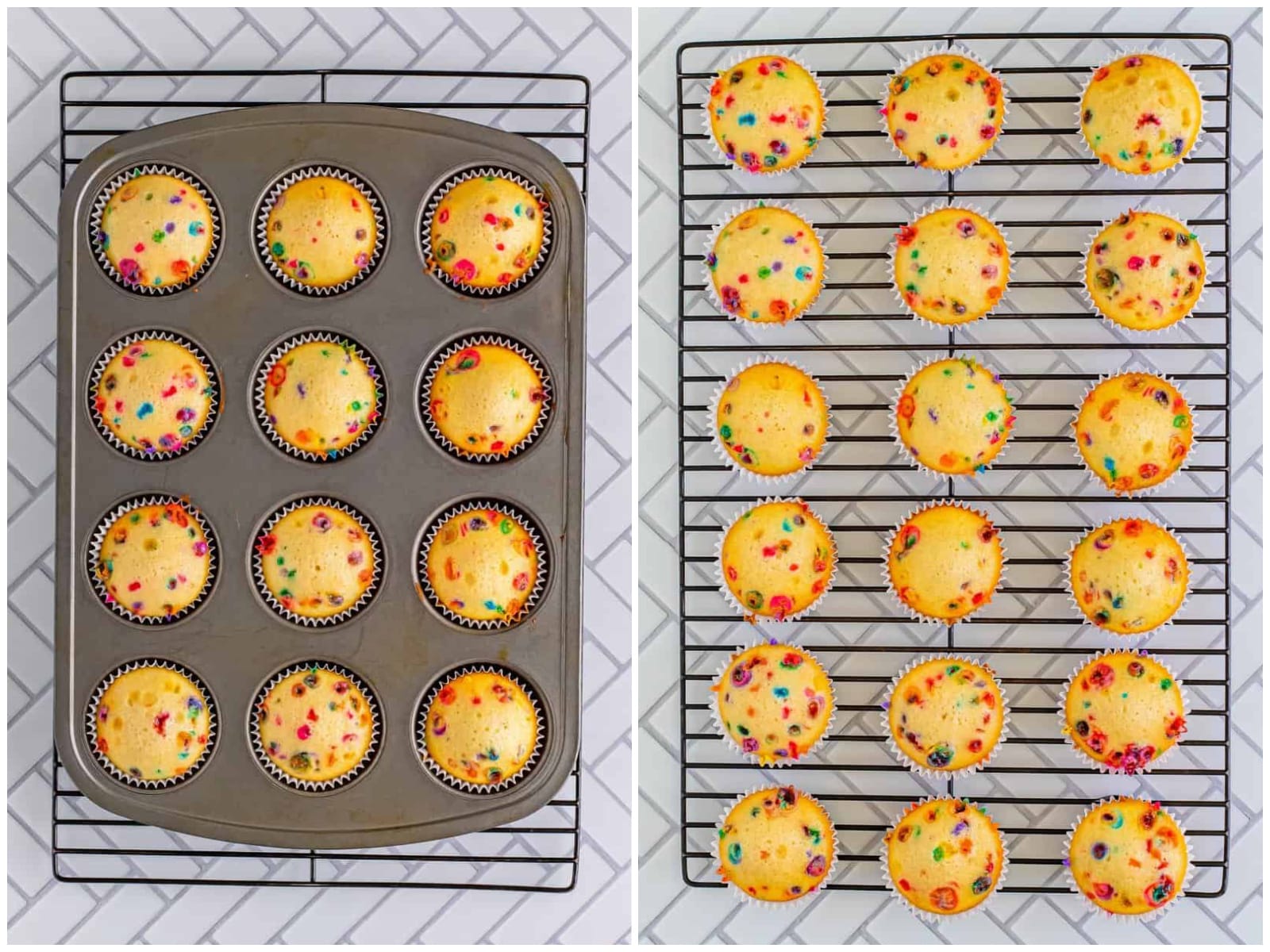 collage of two photos: fully baked cupcakes in muffin tin; cupcakes cooling on a cooling rack. 