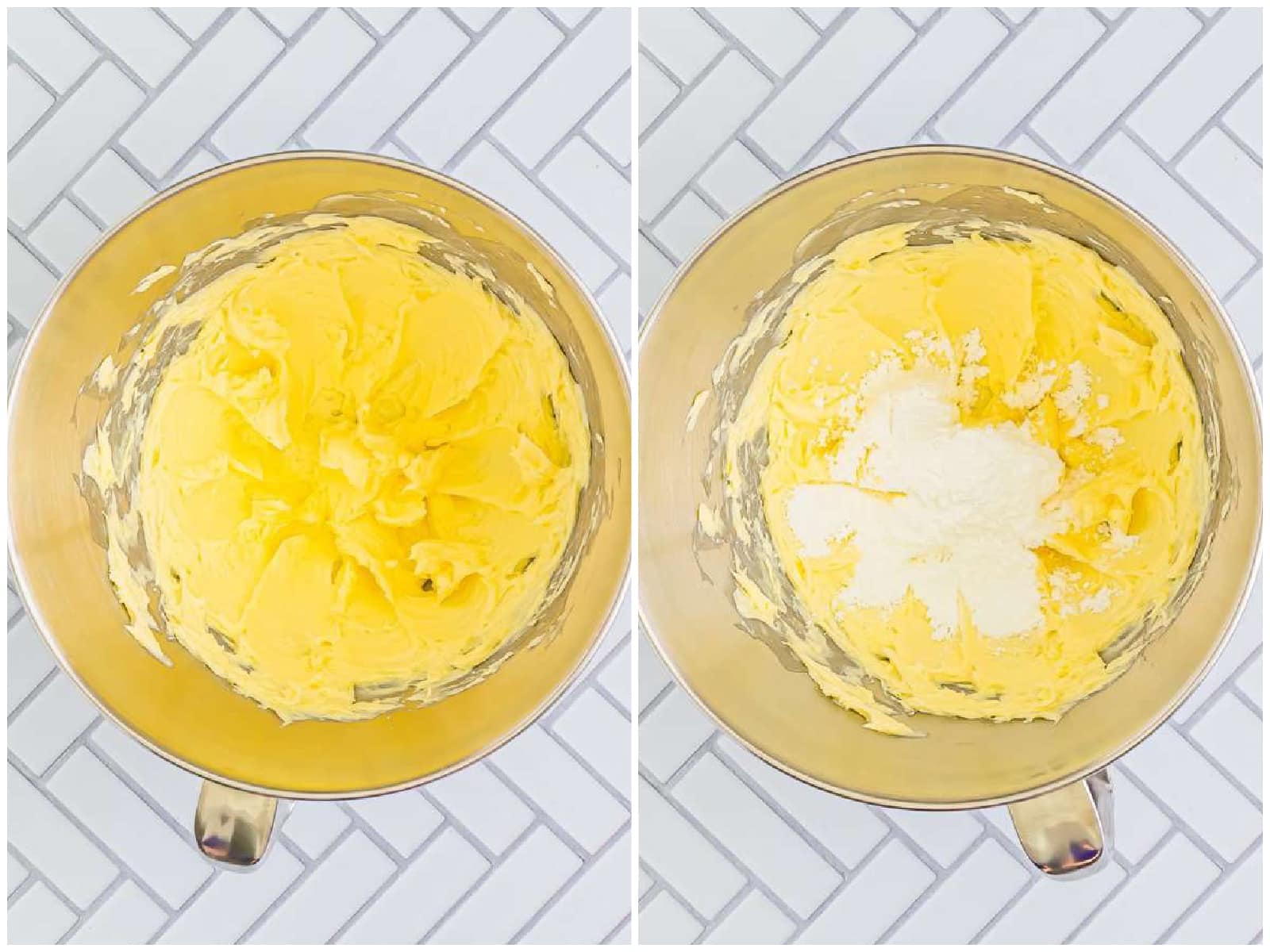 collage of two photos: creamed butter in a stand mixing bowl; powdered sugar added to butter mixture in bowl. 