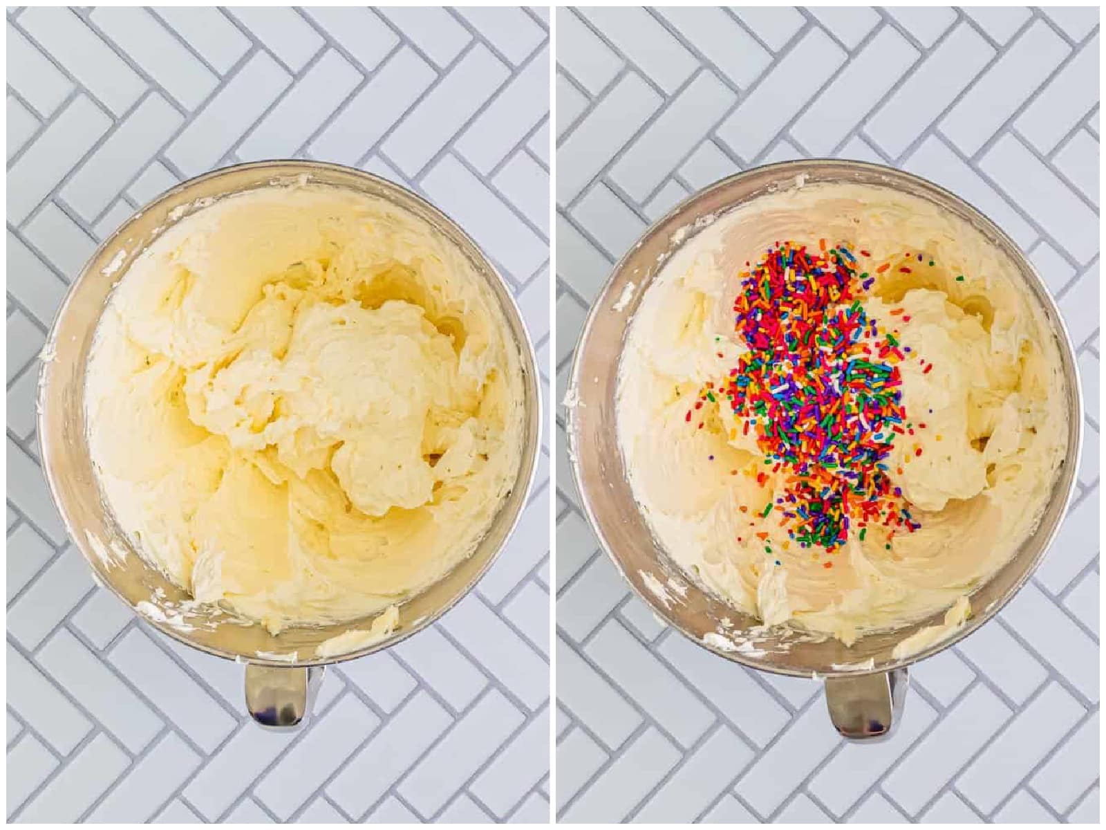 collage of two photos: fluffy vanilla frosting in bowl; sprinkles added to frosting in bowl. 