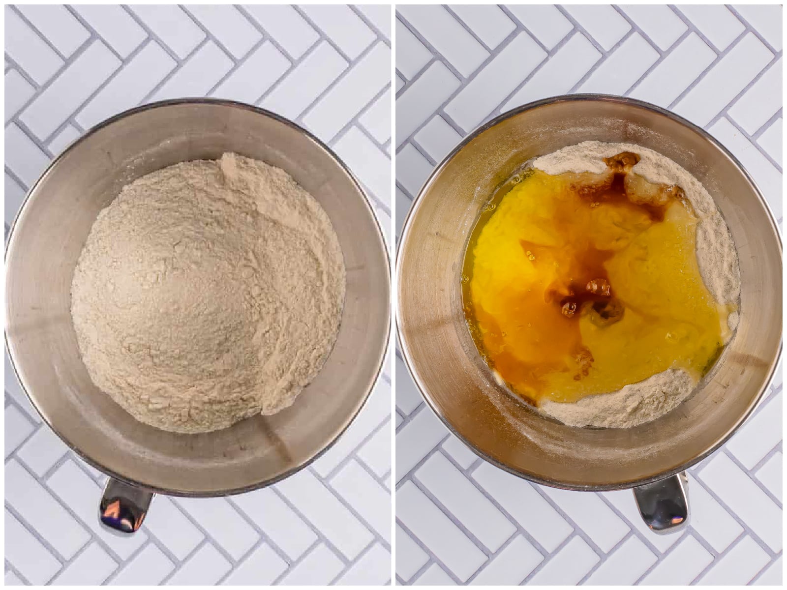 collage of two photos: A mixing bowl with flour, sugar, baking powder, and baking soda; egg whites and vanilla extract added to flour in mixing bowl. 