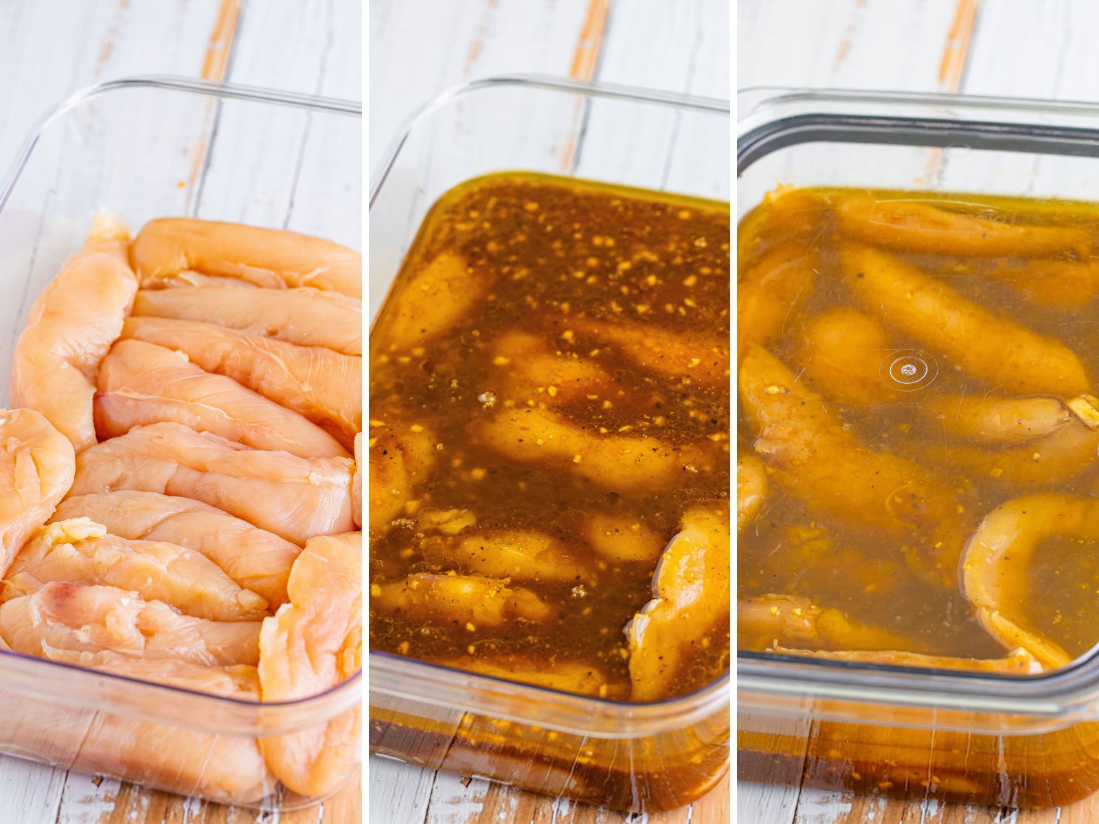 Raw chicken in a baking dish, a baking dish with raw chicken and marinade and a container with marinating chicken with the lid on it. 