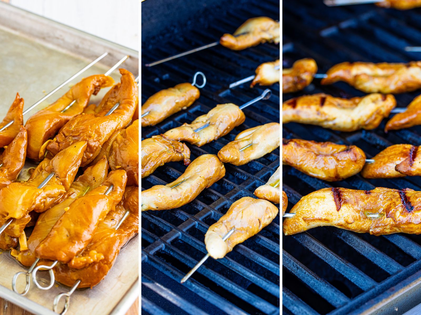 Marinated chicken on skewers, chicken being grilled on a grill and chicken tenders flipped and being grilled on the other side. 