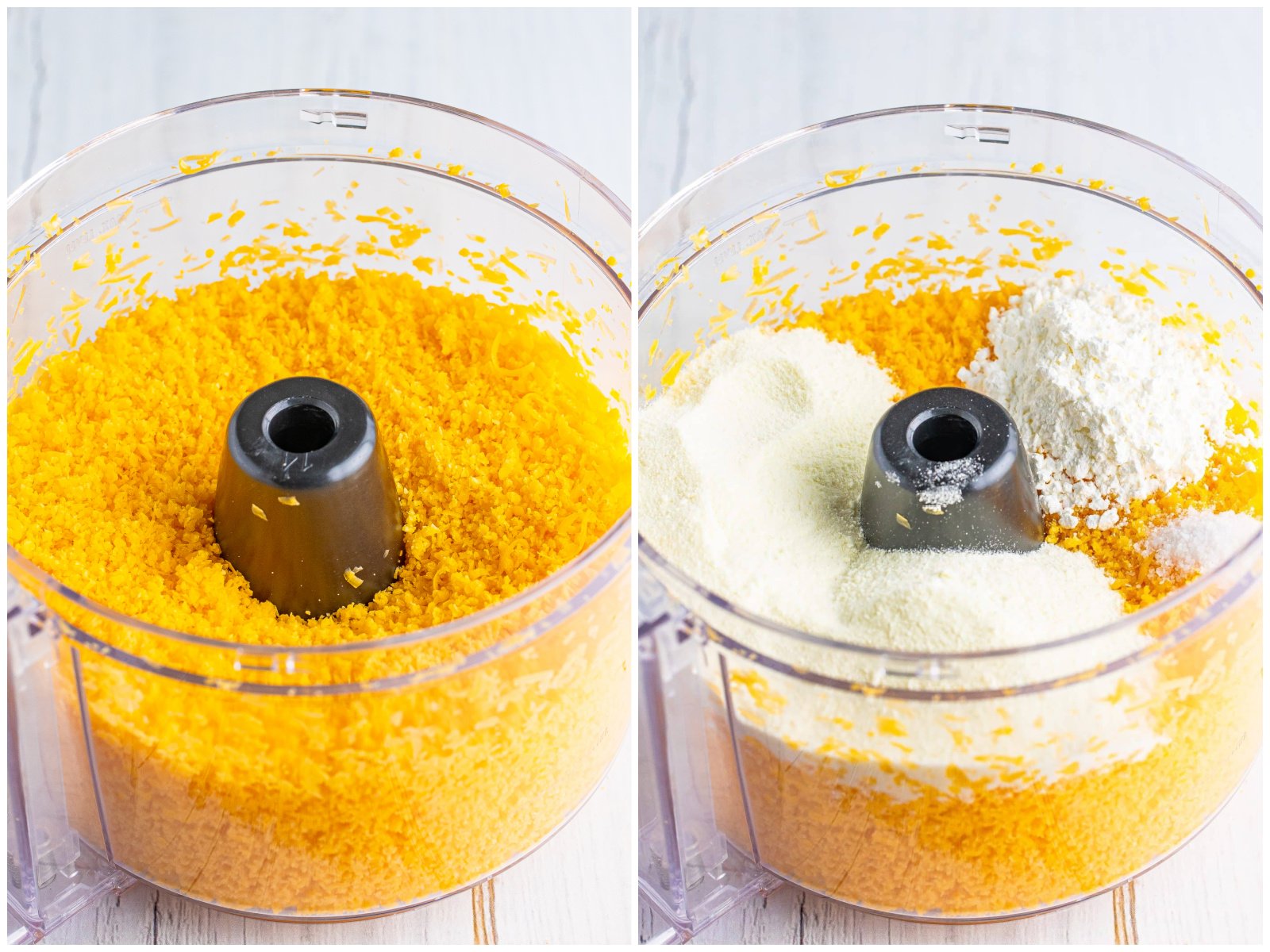 collage of two photos: super finely shredded cheese in food processor; milk powder, cornstarch and salt added to food processor. 