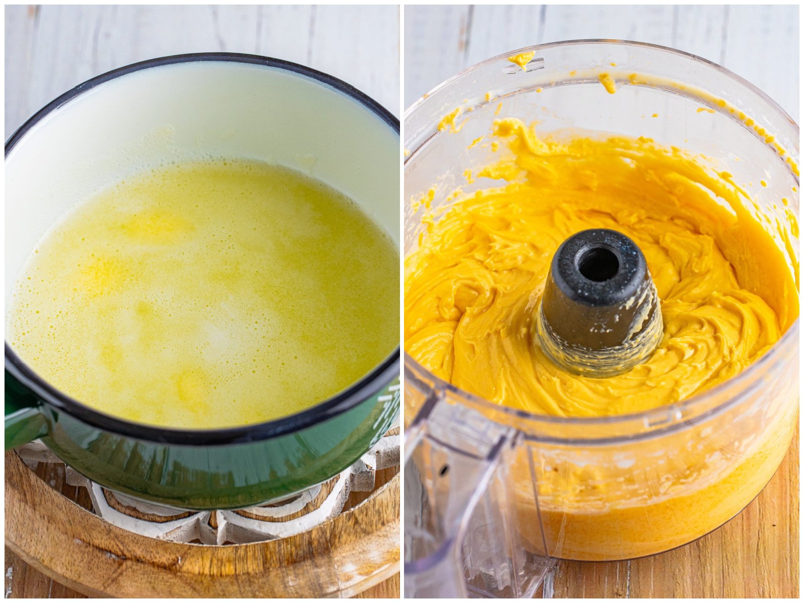collage of two photos: water and melted butter in sauce pan; a food processor with soft cheese mixture.