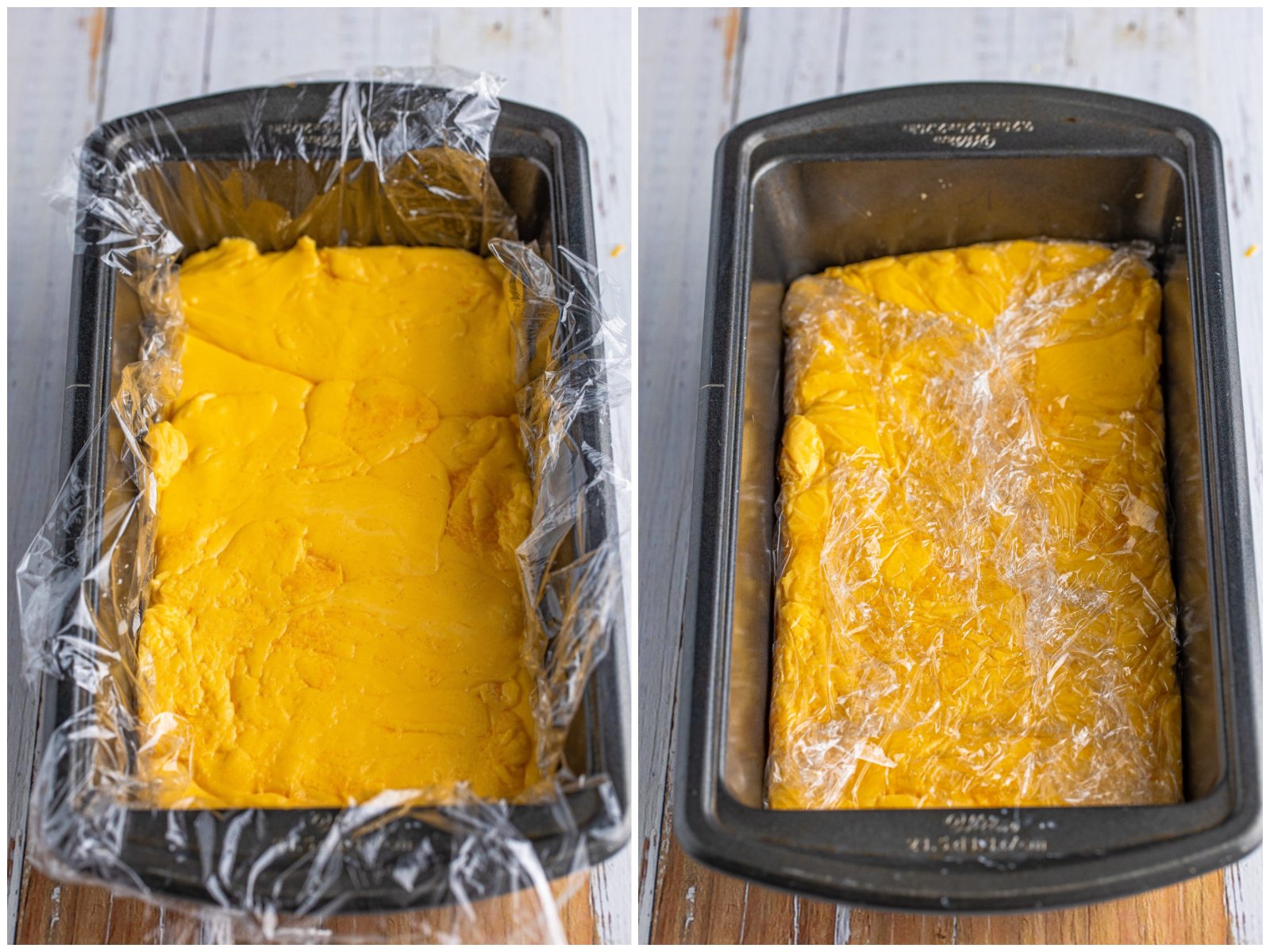 collage of two photos: a plastic wrap lined loaf pan with a homemade loaf of Velveeta cheese; fully wrapped cheese in loaf pan. 