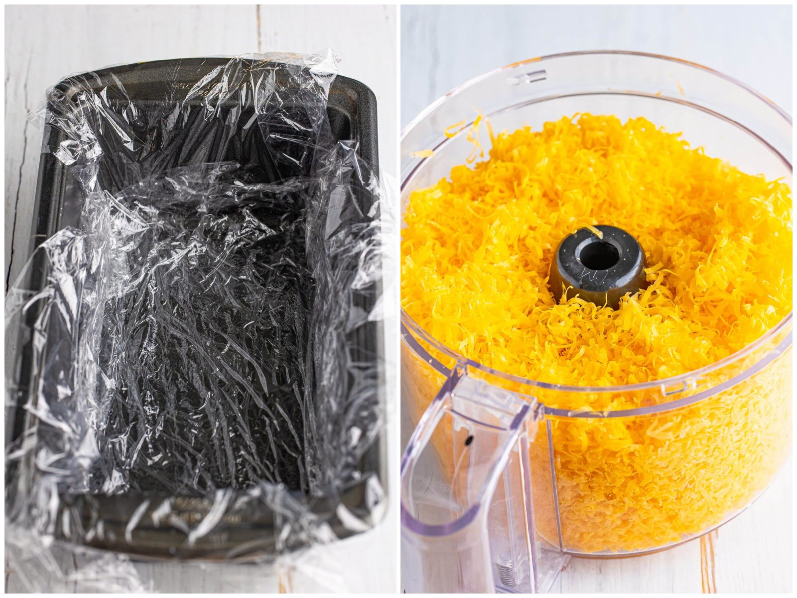 collage of two photos: a plastic wrap lined loaf pan; freshly shredded cheese in a food processor.
