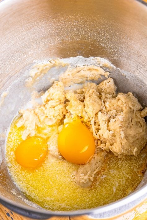 Eggs and some other ingredients for Hot Cross Bun dough.