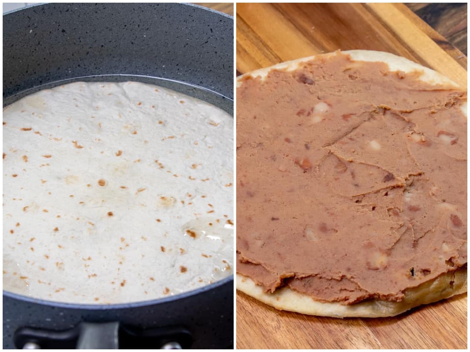 collage of two photos: a flour tortilla being fried in oil in a pan; fried flour tortilla on a cutting board with refried beans being spread on top. 