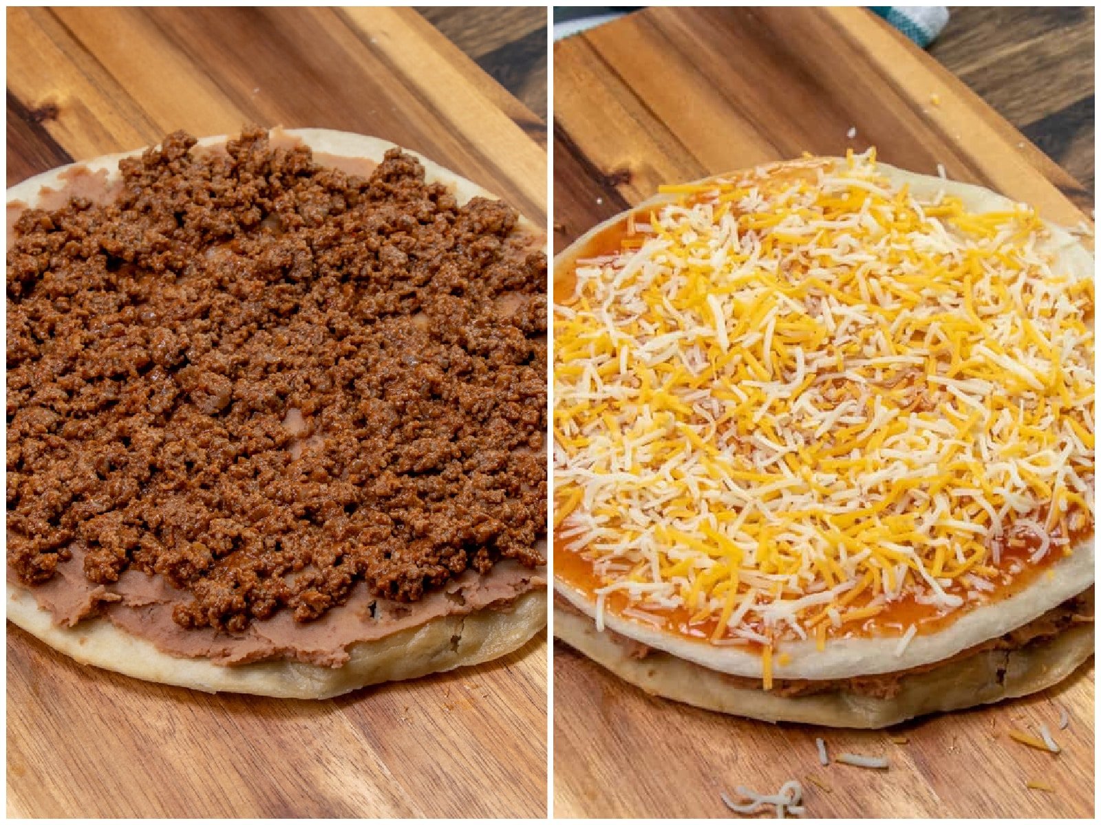 collage of two photos: ground beef added on top of refried beans on fried tortilla; enchilada sauce and shredded cheese on top of pizza. 